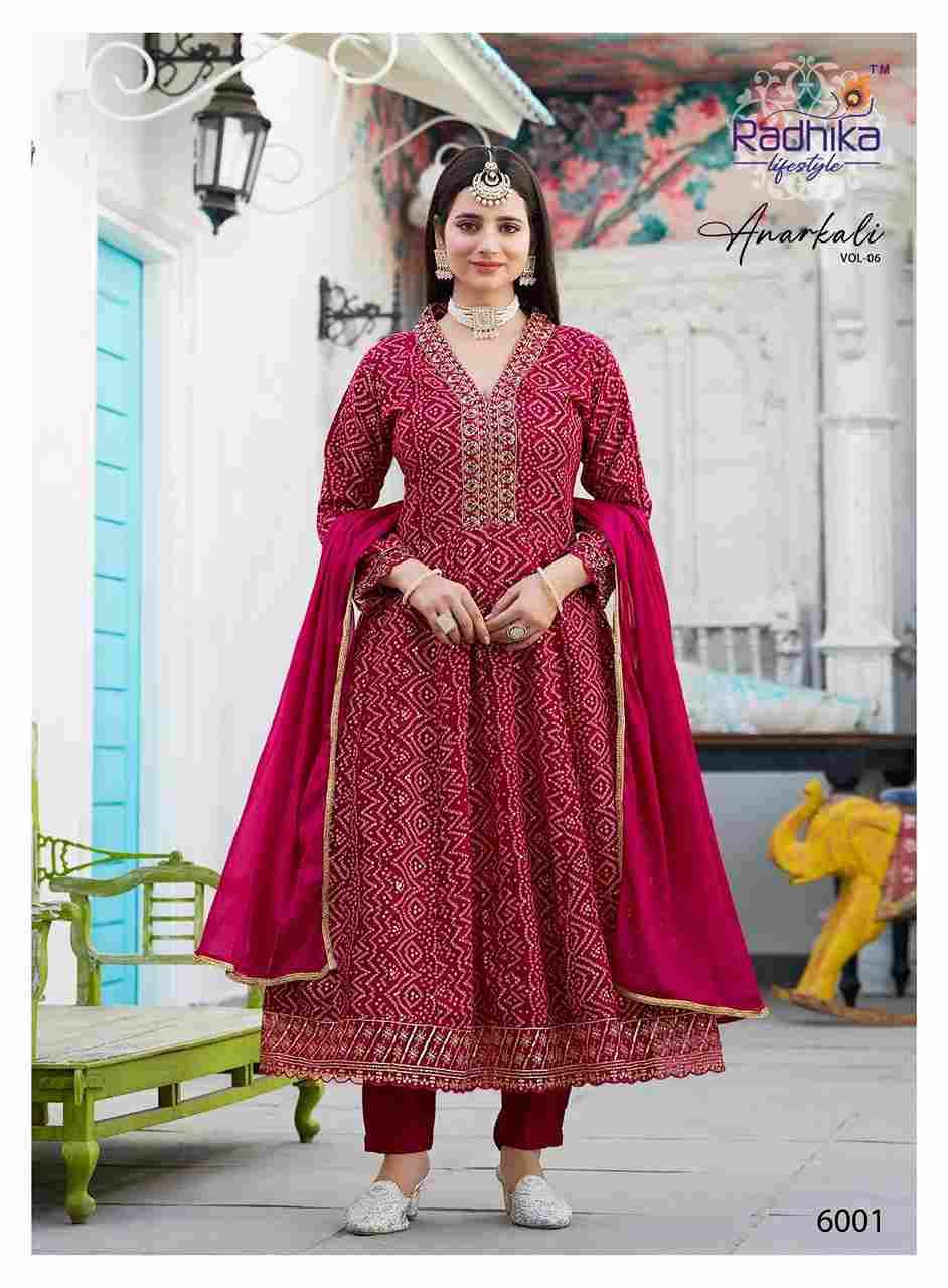 Anarkali Vol-6 By Radhika Lifestyle 6001 To 6007 Series Designer Anarkali Suits Beautiful Stylish Fancy Colorful Party Wear & Occasional Wear Pure Rayon Foil Print Dresses At Wholesale Price