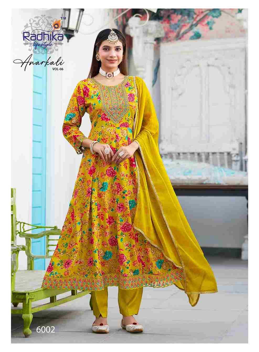 Anarkali Vol-6 By Radhika Lifestyle 6001 To 6007 Series Designer Anarkali Suits Beautiful Stylish Fancy Colorful Party Wear & Occasional Wear Pure Rayon Foil Print Dresses At Wholesale Price