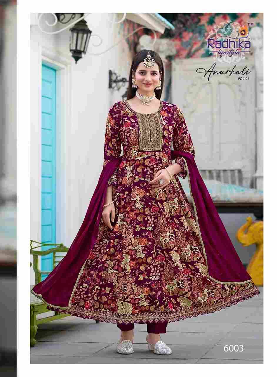 Anarkali Vol-6 By Radhika Lifestyle 6001 To 6007 Series Designer Anarkali Suits Beautiful Stylish Fancy Colorful Party Wear & Occasional Wear Pure Rayon Foil Print Dresses At Wholesale Price