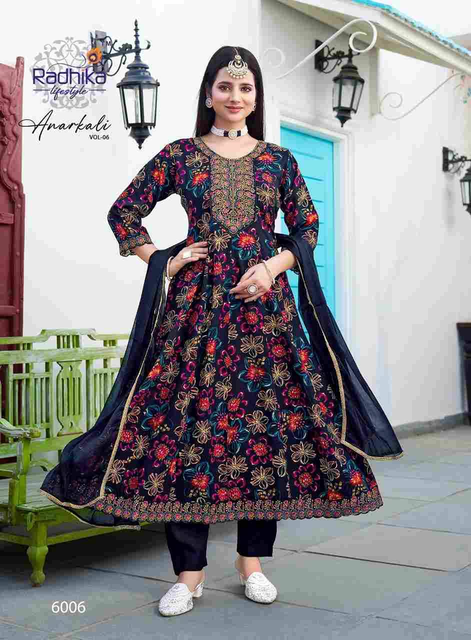 Anarkali Vol-6 By Radhika Lifestyle 6001 To 6007 Series Designer Anarkali Suits Beautiful Stylish Fancy Colorful Party Wear & Occasional Wear Pure Rayon Foil Print Dresses At Wholesale Price
