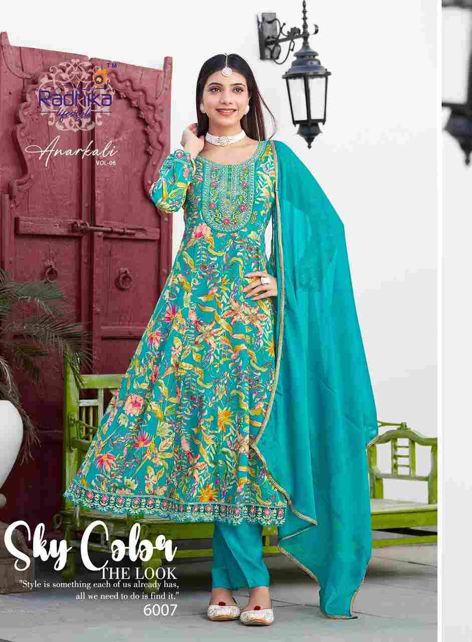 Anarkali Vol-6 By Radhika Lifestyle 6001 To 6007 Series Designer Anarkali Suits Beautiful Stylish Fancy Colorful Party Wear & Occasional Wear Pure Rayon Foil Print Dresses At Wholesale Price