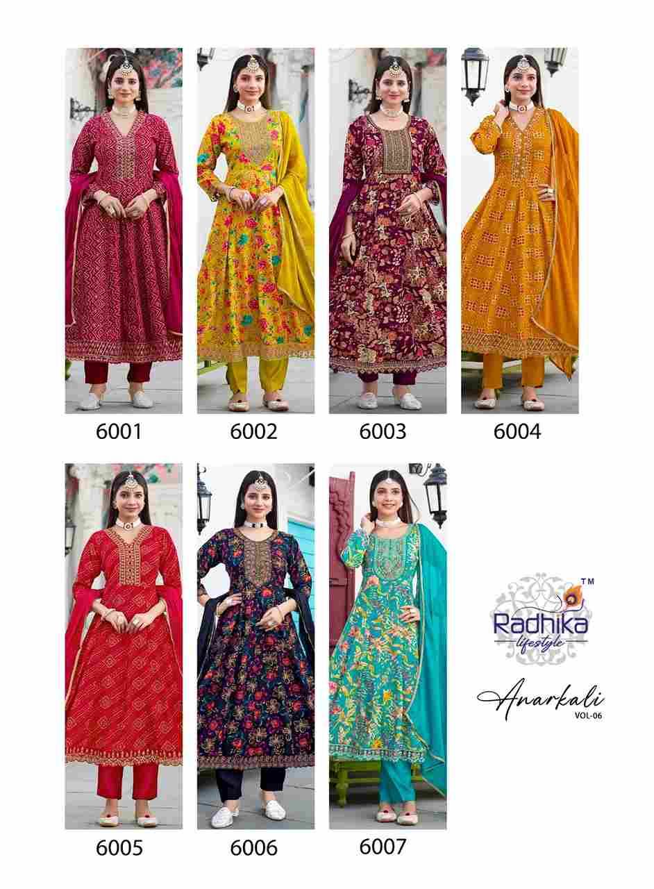 Anarkali Vol-6 By Radhika Lifestyle 6001 To 6007 Series Designer Anarkali Suits Beautiful Stylish Fancy Colorful Party Wear & Occasional Wear Pure Rayon Foil Print Dresses At Wholesale Price