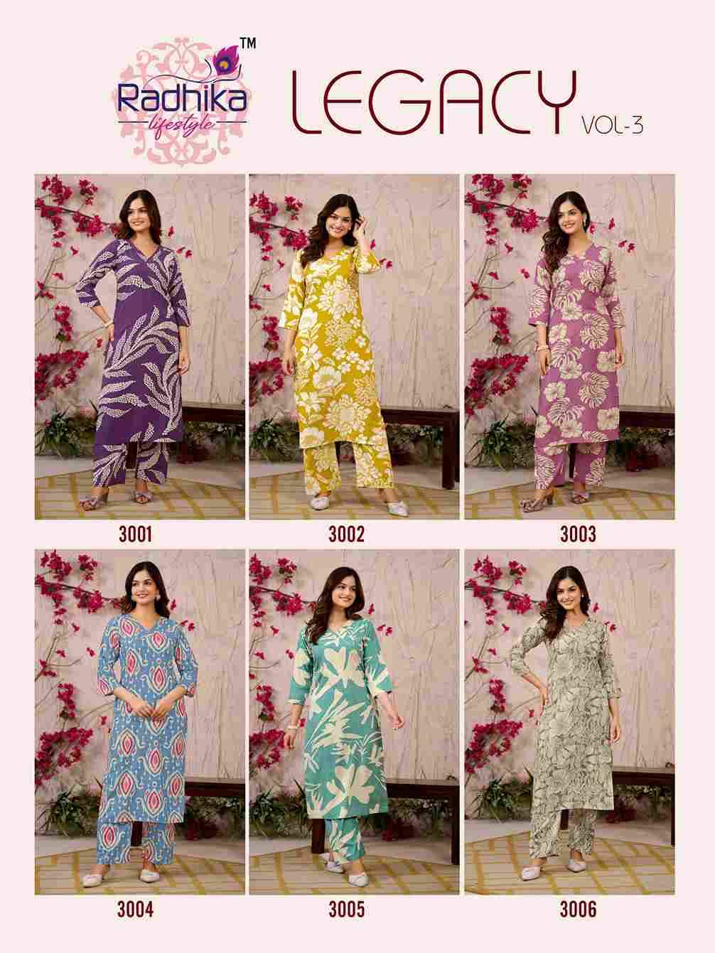 Legacy Vol-3 By Radhika Lifestyle 3001 To 3006 Series Designer Stylish Fancy Colorful Beautiful Party Wear & Ethnic Wear Collection Rayon Co-Ord At Wholesale Price