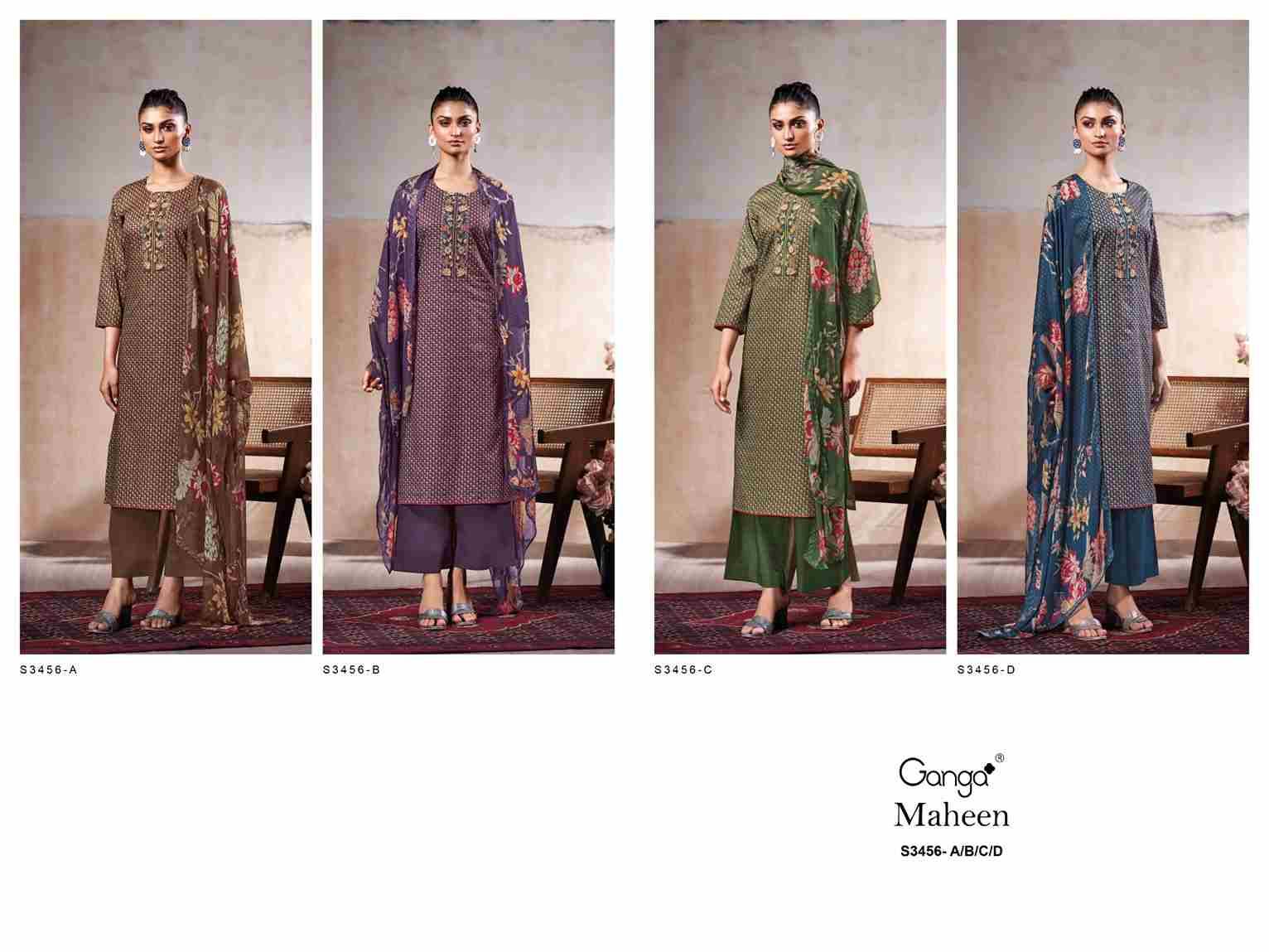Maheen-3456 By Ganga Fashion 3456-A To 3456-D Series Beautiful Festive Suits Colorful Stylish Fancy Casual Wear & Ethnic Wear Cotton Dresses At Wholesale Price