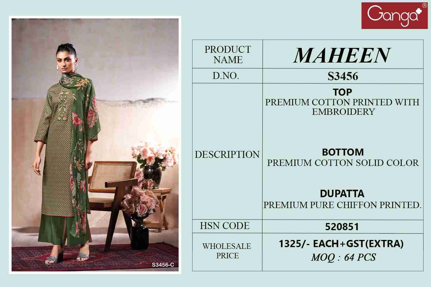 Maheen-3456 By Ganga Fashion 3456-A To 3456-D Series Beautiful Festive Suits Colorful Stylish Fancy Casual Wear & Ethnic Wear Cotton Dresses At Wholesale Price