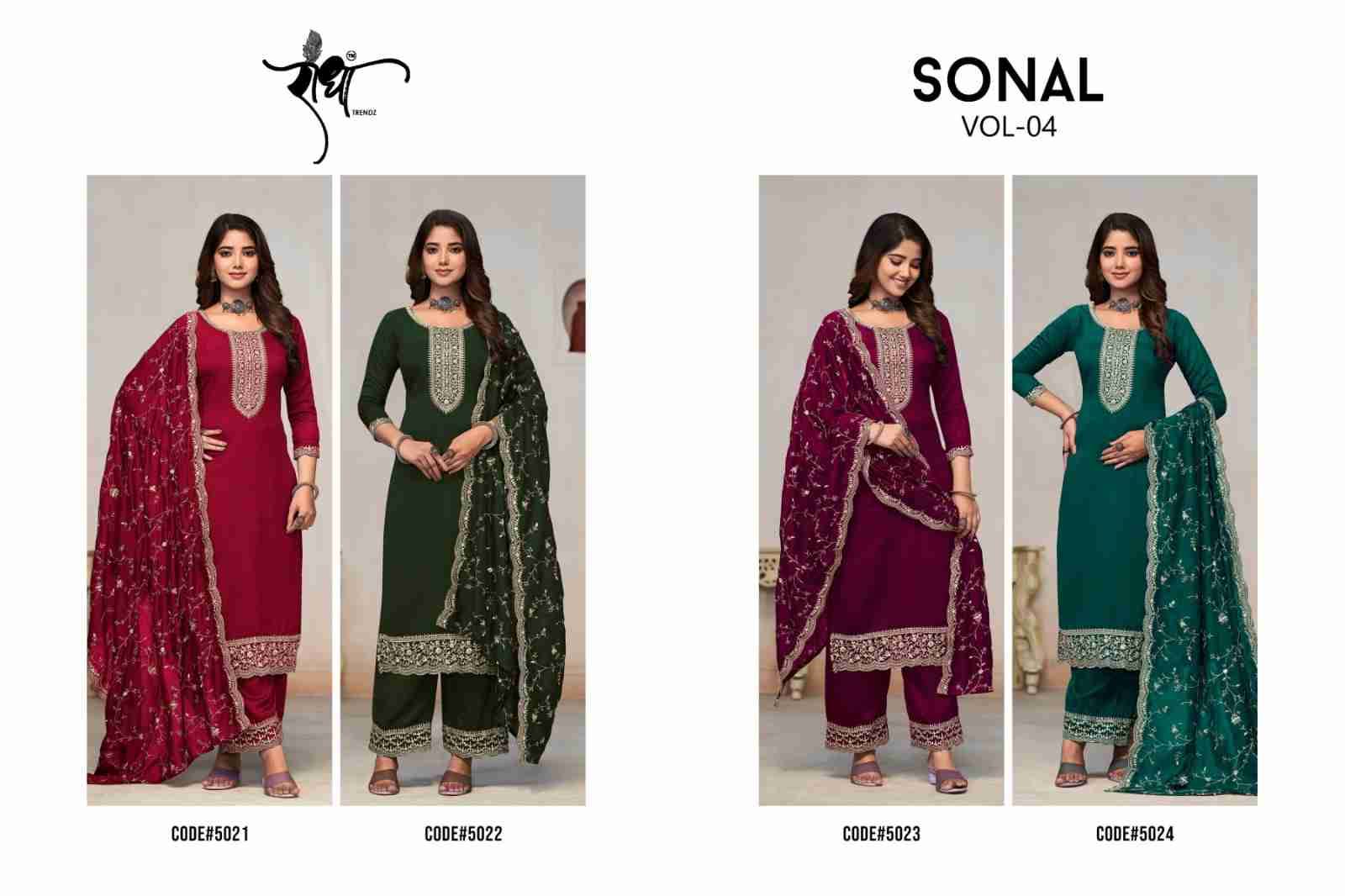 Sonal Vol-4 By Radha Trendz 5021 To 5024 Series Designer Festive Suits Collection Beautiful Stylish Fancy Colorful Party Wear & Occasional Wear Pure Vichitra Dresses At Wholesale Price