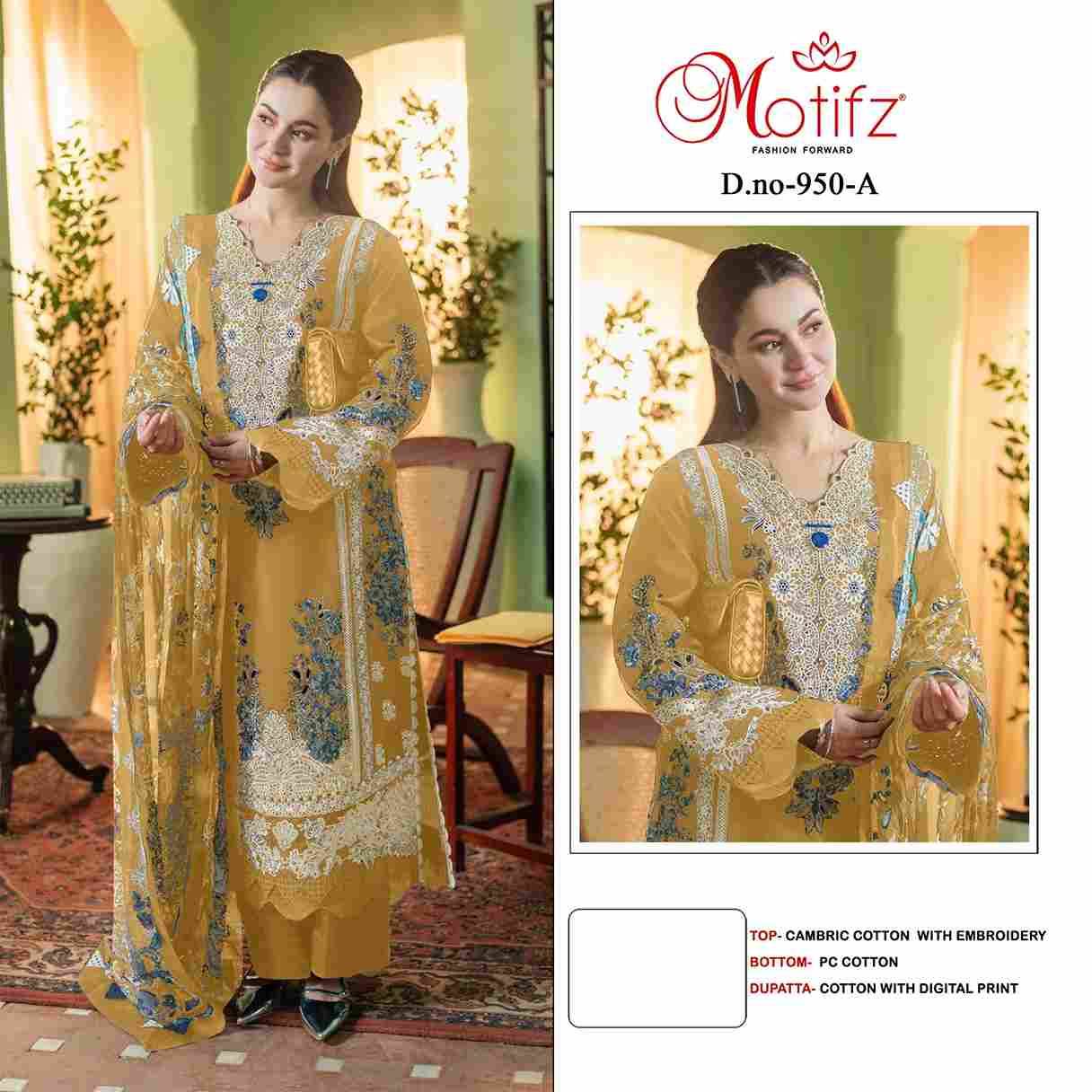 Motifz Hit Design 950 Colours By Motifz 950-A To 950-D Series Beautiful Pakistani Suits Colorful Stylish Fancy Casual Wear & Ethnic Wear Cambric Cotton Dresses At Wholesale Price