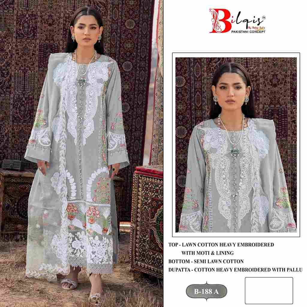 Bilqis 188 Colours By Bilqis 188-A To 188-D Series Beautiful Pakistani Suits Stylish Fancy Colorful Party Wear & Occasional Wear Cotton Lawn Embroidery Dresses At Wholesale Price