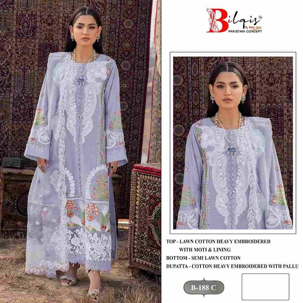 Bilqis 188 Colours By Bilqis 188-A To 188-D Series Beautiful Pakistani Suits Stylish Fancy Colorful Party Wear & Occasional Wear Cotton Lawn Embroidery Dresses At Wholesale Price