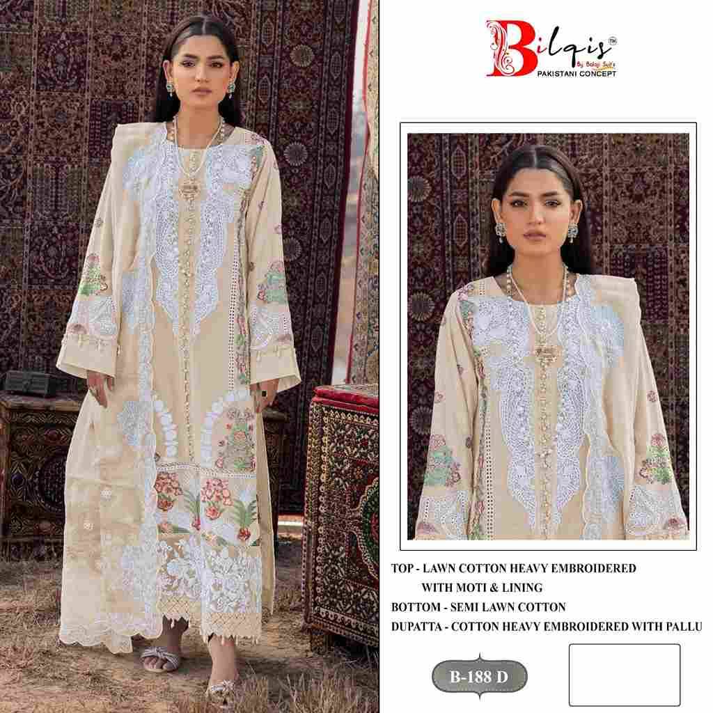 Bilqis 188 Colours By Bilqis 188-A To 188-D Series Beautiful Pakistani Suits Stylish Fancy Colorful Party Wear & Occasional Wear Cotton Lawn Embroidery Dresses At Wholesale Price