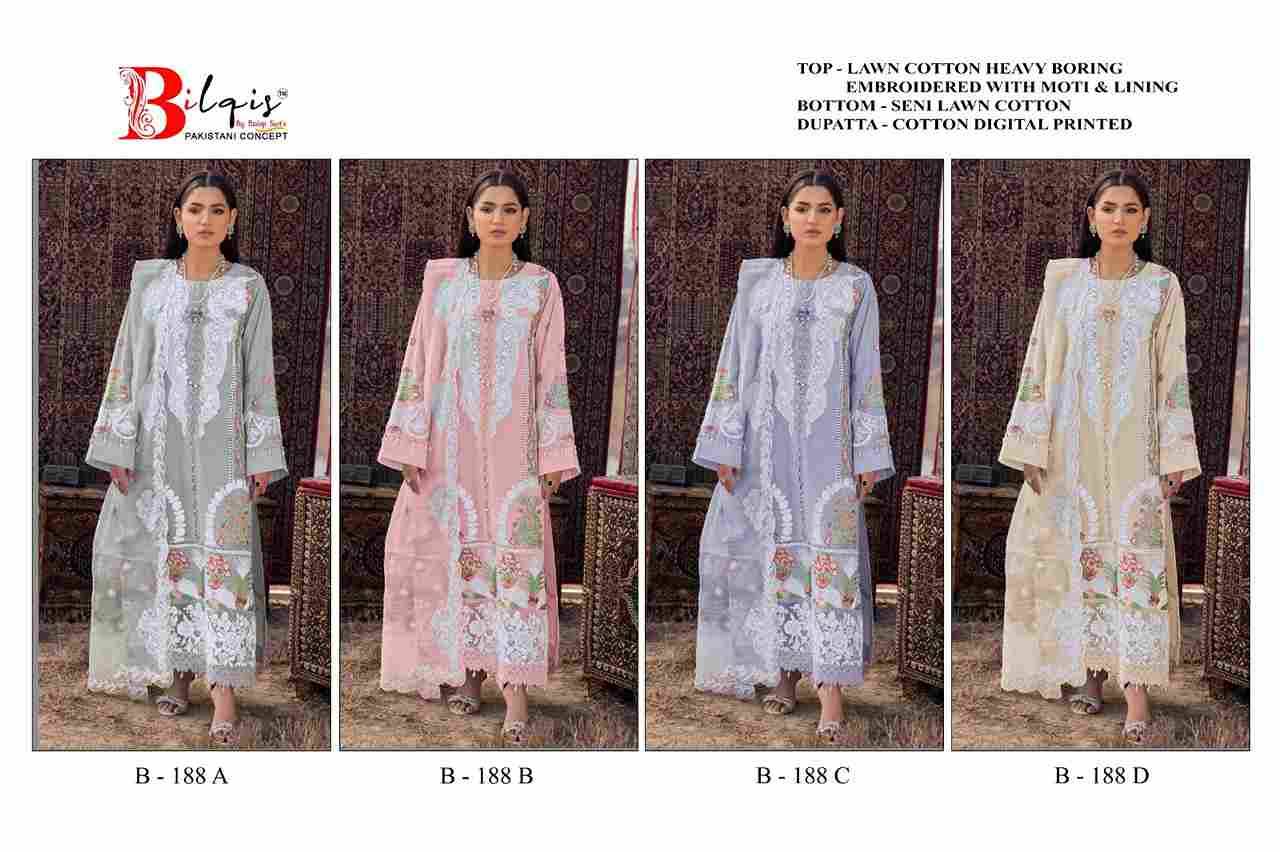 Bilqis 188 Colours By Bilqis 188-A To 188-D Series Beautiful Pakistani Suits Stylish Fancy Colorful Party Wear & Occasional Wear Cotton Lawn Embroidery Dresses At Wholesale Price