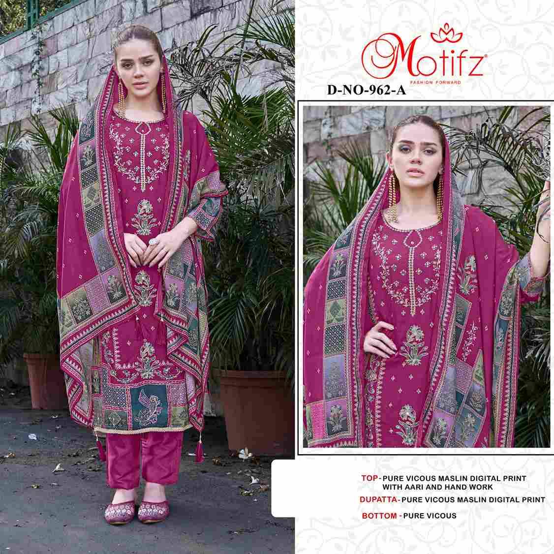 Motifz Hit Design 962 Colours By Motifz 962-A To 962-D Series Beautiful Pakistani Suits Colorful Stylish Fancy Casual Wear & Ethnic Wear Viscose Muslin Dresses At Wholesale Price