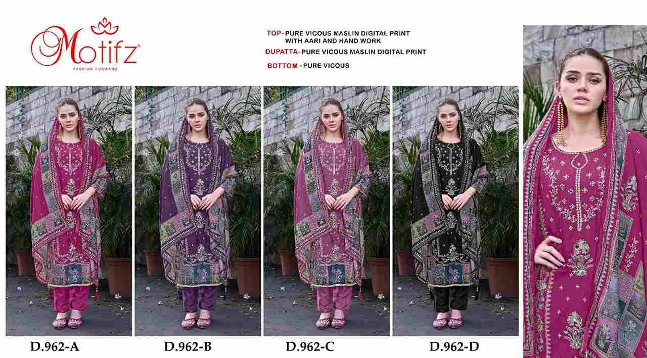 Motifz Hit Design 962 Colours By Motifz 962-A To 962-D Series Beautiful Pakistani Suits Colorful Stylish Fancy Casual Wear & Ethnic Wear Viscose Muslin Dresses At Wholesale Price