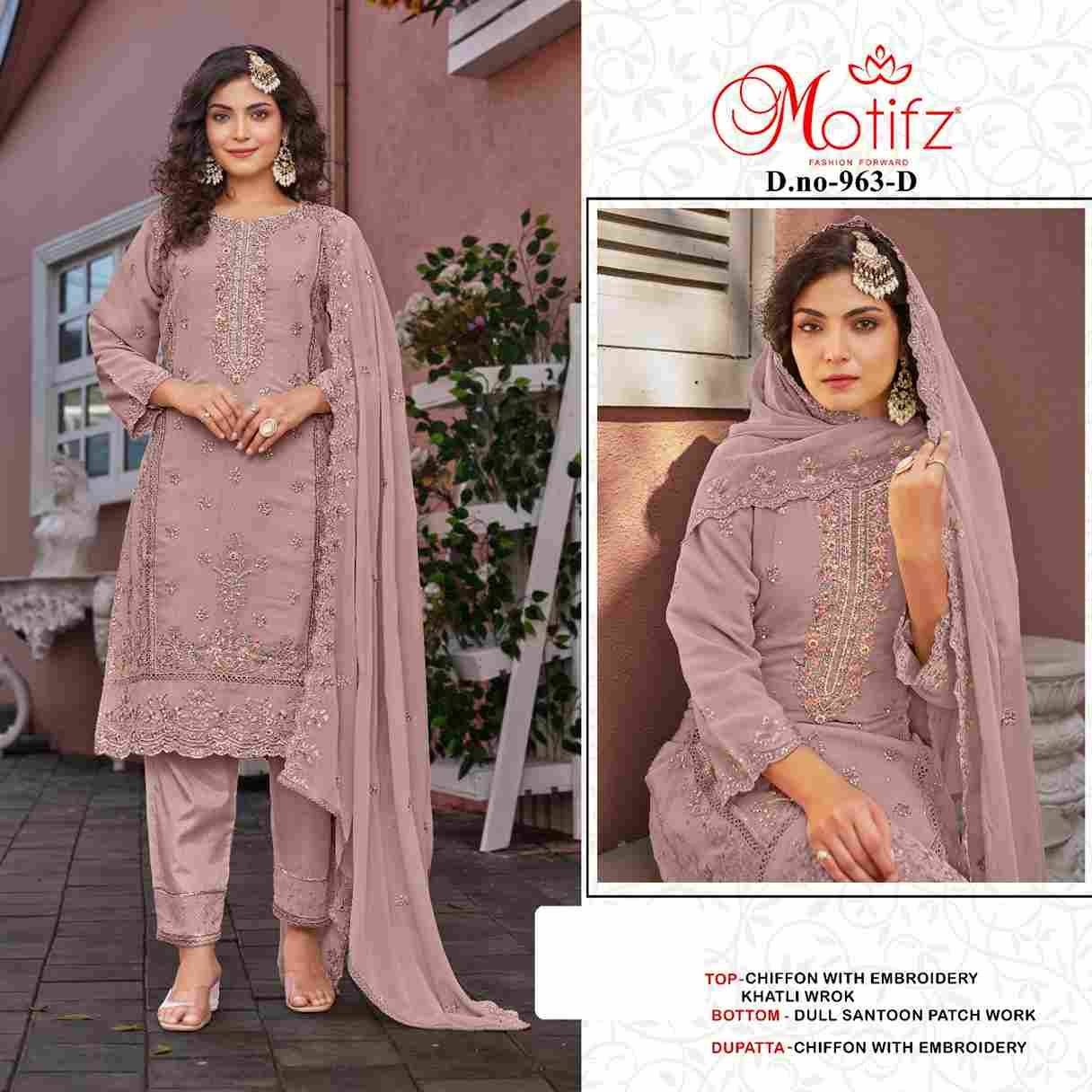 Motifz Hit Design 963 Colours By Motifz 963-A To 963-D Series Beautiful Pakistani Suits Colorful Stylish Fancy Casual Wear & Ethnic Wear Chiffon Dresses At Wholesale Price