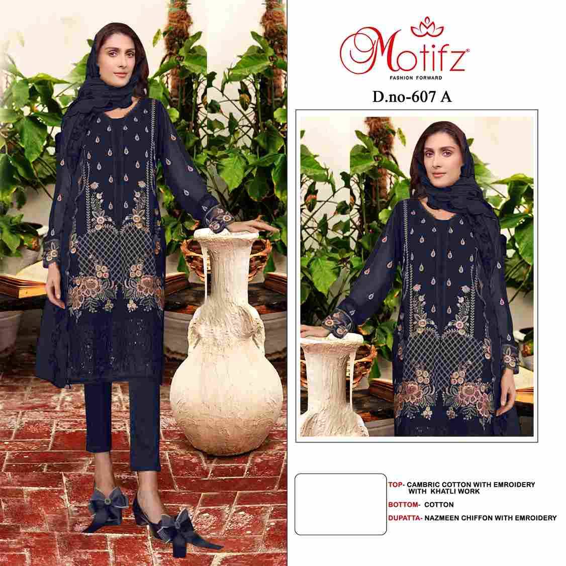 Motifz Hit Design 607 Colours By Motifz 607-A To 607-C Series Beautiful Pakistani Suits Colorful Stylish Fancy Casual Wear & Ethnic Wear Cambric Cotton Dresses At Wholesale Price