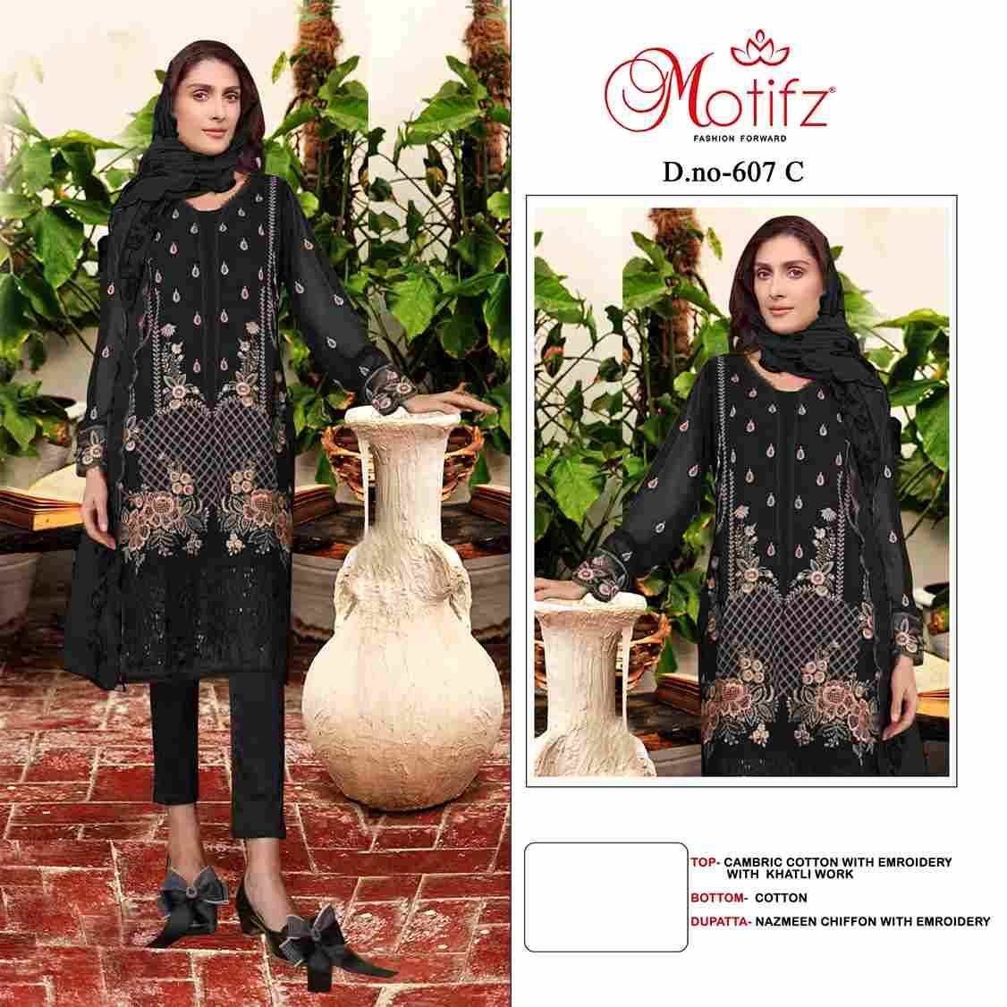 Motifz Hit Design 607 Colours By Motifz 607-A To 607-C Series Beautiful Pakistani Suits Colorful Stylish Fancy Casual Wear & Ethnic Wear Cambric Cotton Dresses At Wholesale Price