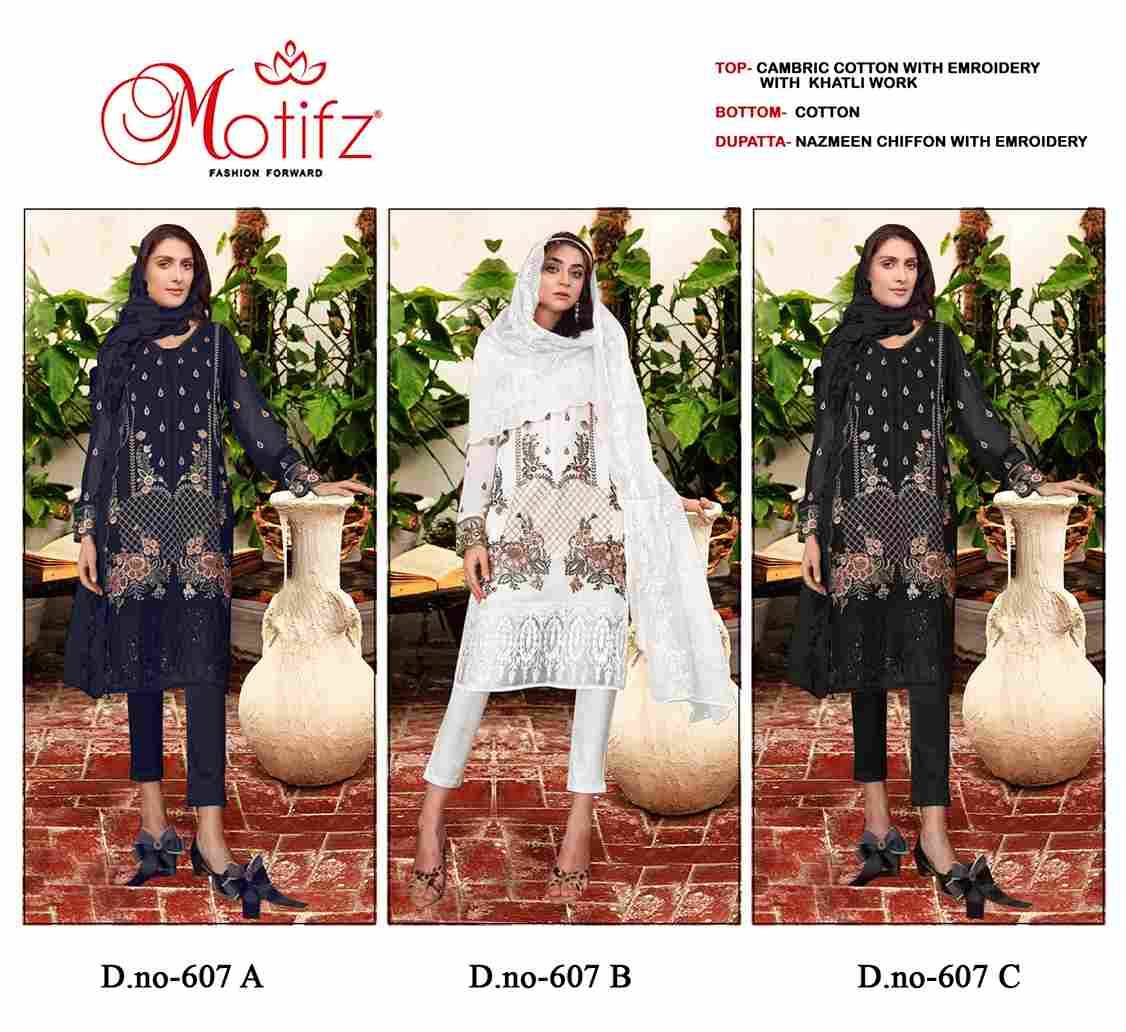Motifz Hit Design 607 Colours By Motifz 607-A To 607-C Series Beautiful Pakistani Suits Colorful Stylish Fancy Casual Wear & Ethnic Wear Cambric Cotton Dresses At Wholesale Price