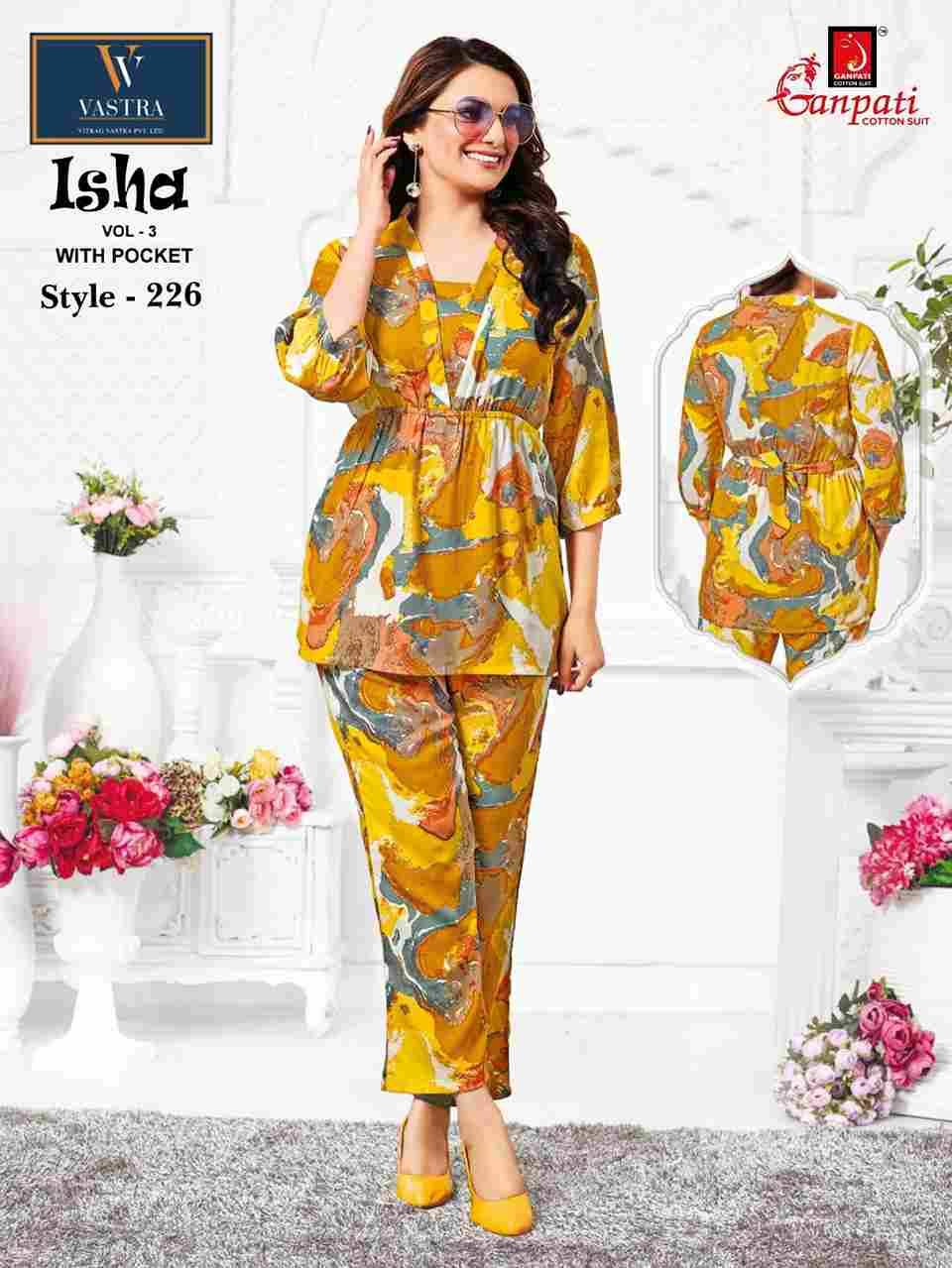 Isha Vol-3 By Ganpati Cotton Suit 220 To 231 Series Designer Stylish Fancy Colorful Beautiful Party Wear & Ethnic Wear Collection Rayon Co-Ord At Wholesale Price