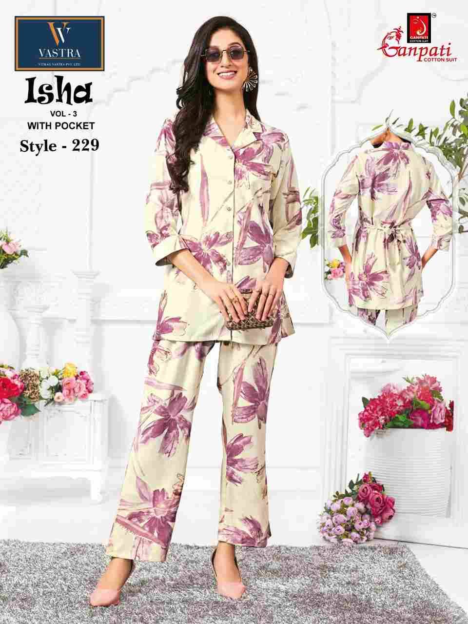 Isha Vol-3 By Ganpati Cotton Suit 220 To 231 Series Designer Stylish Fancy Colorful Beautiful Party Wear & Ethnic Wear Collection Rayon Co-Ord At Wholesale Price