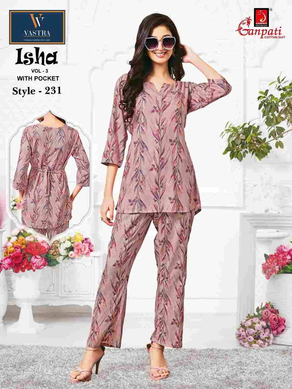 Isha Vol-3 By Ganpati Cotton Suit 220 To 231 Series Designer Stylish Fancy Colorful Beautiful Party Wear & Ethnic Wear Collection Rayon Co-Ord At Wholesale Price