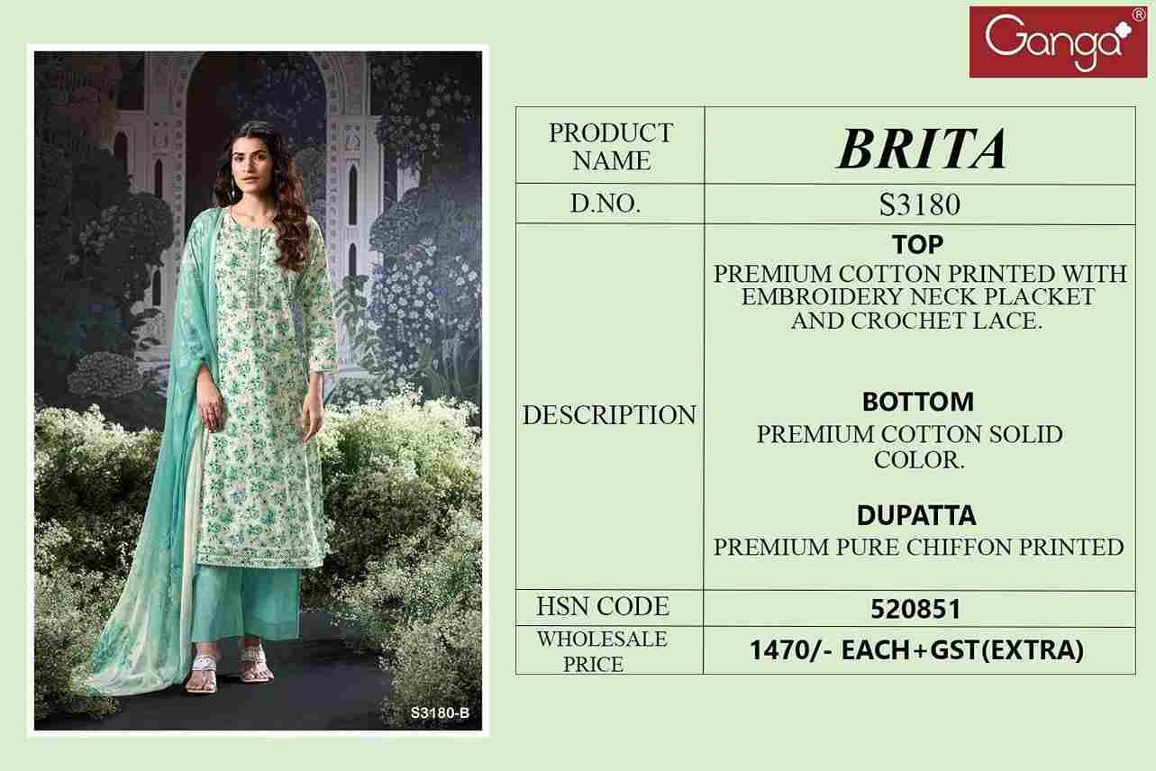 Brita-3180 By Ganga Fashion 3180-A To 3180-D Series Beautiful Festive Suits Colorful Stylish Fancy Casual Wear & Ethnic Wear Cotton Dresses At Wholesale Price