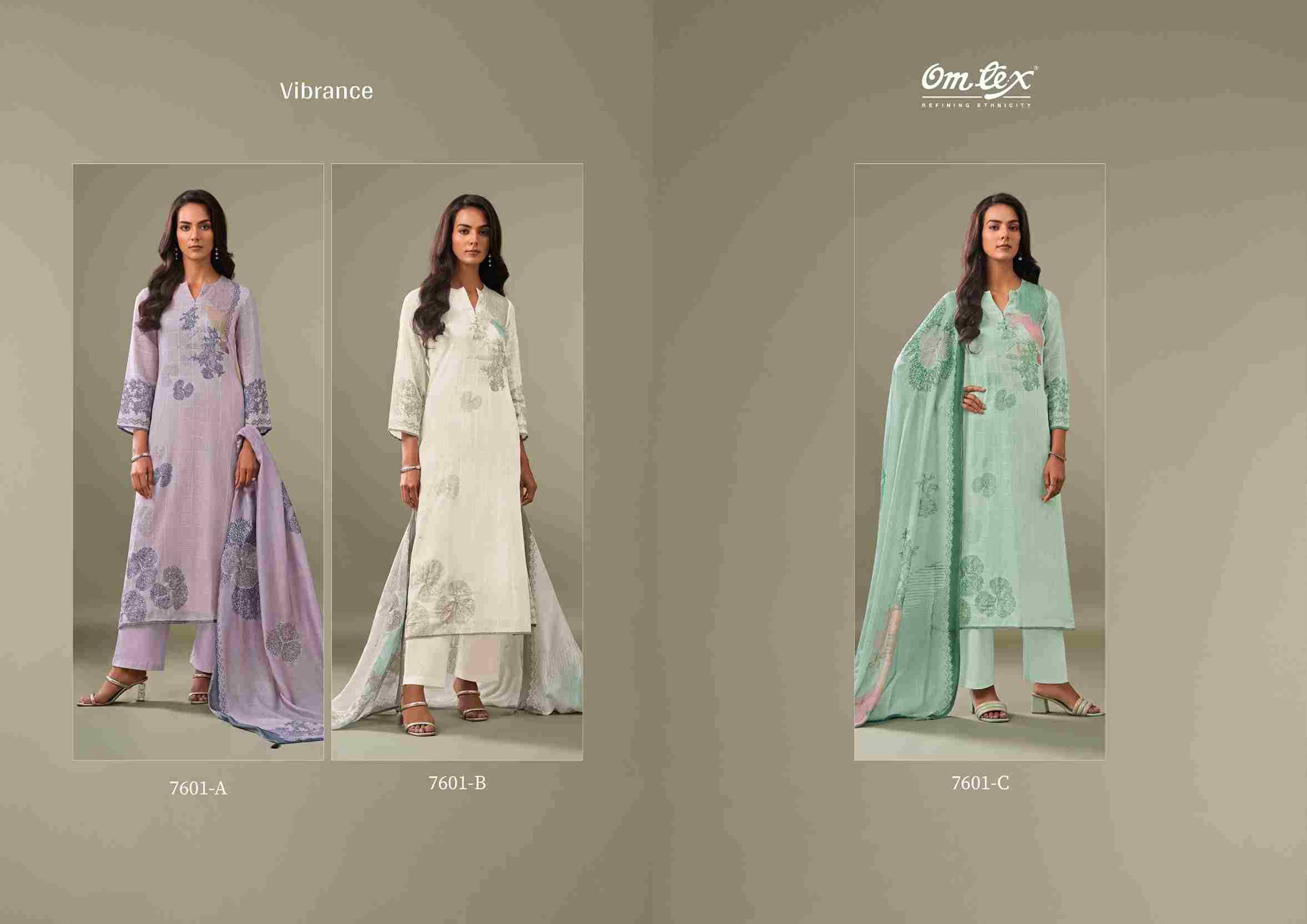 Vibrance By Om Tex 7601-A To 7601-C Series Beautiful Suits Stylish Fancy Colorful Party Wear & Ethnic Wear Linen Cotton Dresses At Wholesale Price