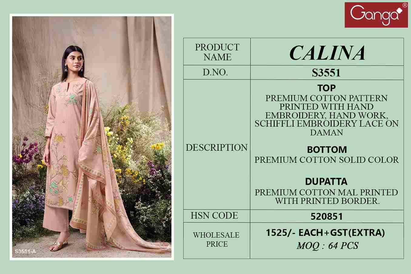 Calina-3551 By Ganga Fashion 3551-A To 3551-D Series Beautiful Festive Suits Colorful Stylish Fancy Casual Wear & Ethnic Wear Mal Cotton Dresses At Wholesale Price
