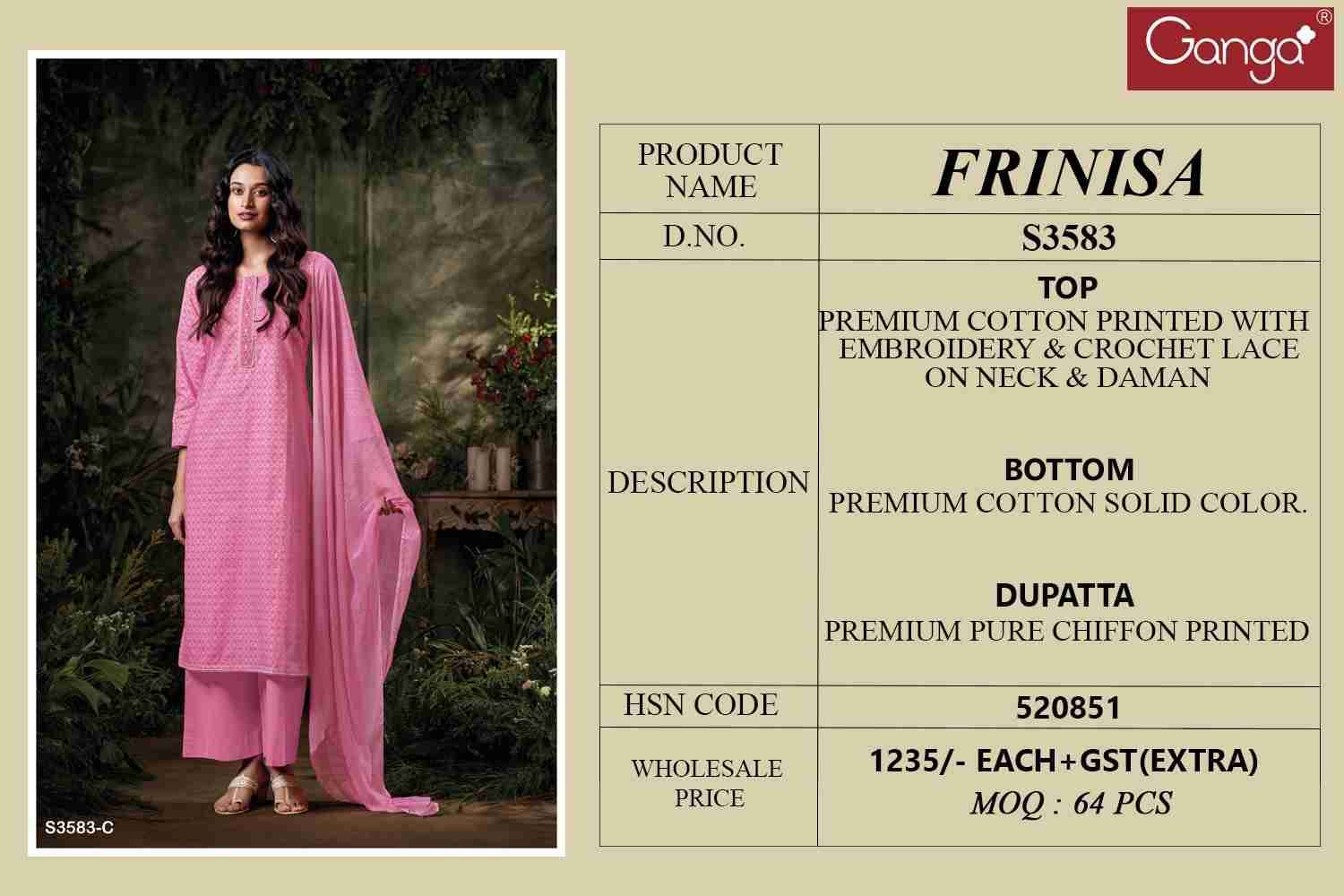 Frinisa-3583 By Ganga Fashion 3583-A To 3583-D Series Beautiful Festive Suits Colorful Stylish Fancy Casual Wear & Ethnic Wear Cotton Dresses At Wholesale Price