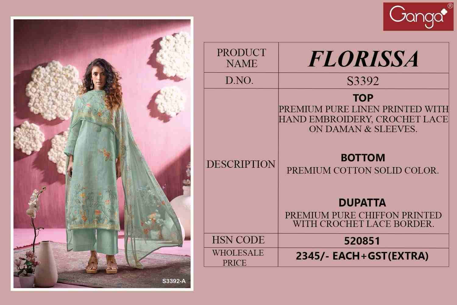 Florissa-3392 By Ganga Fashion 3392-A To 3392-D Series Beautiful Festive Suits Colorful Stylish Fancy Casual Wear & Ethnic Wear Pure Linen Dresses At Wholesale Price