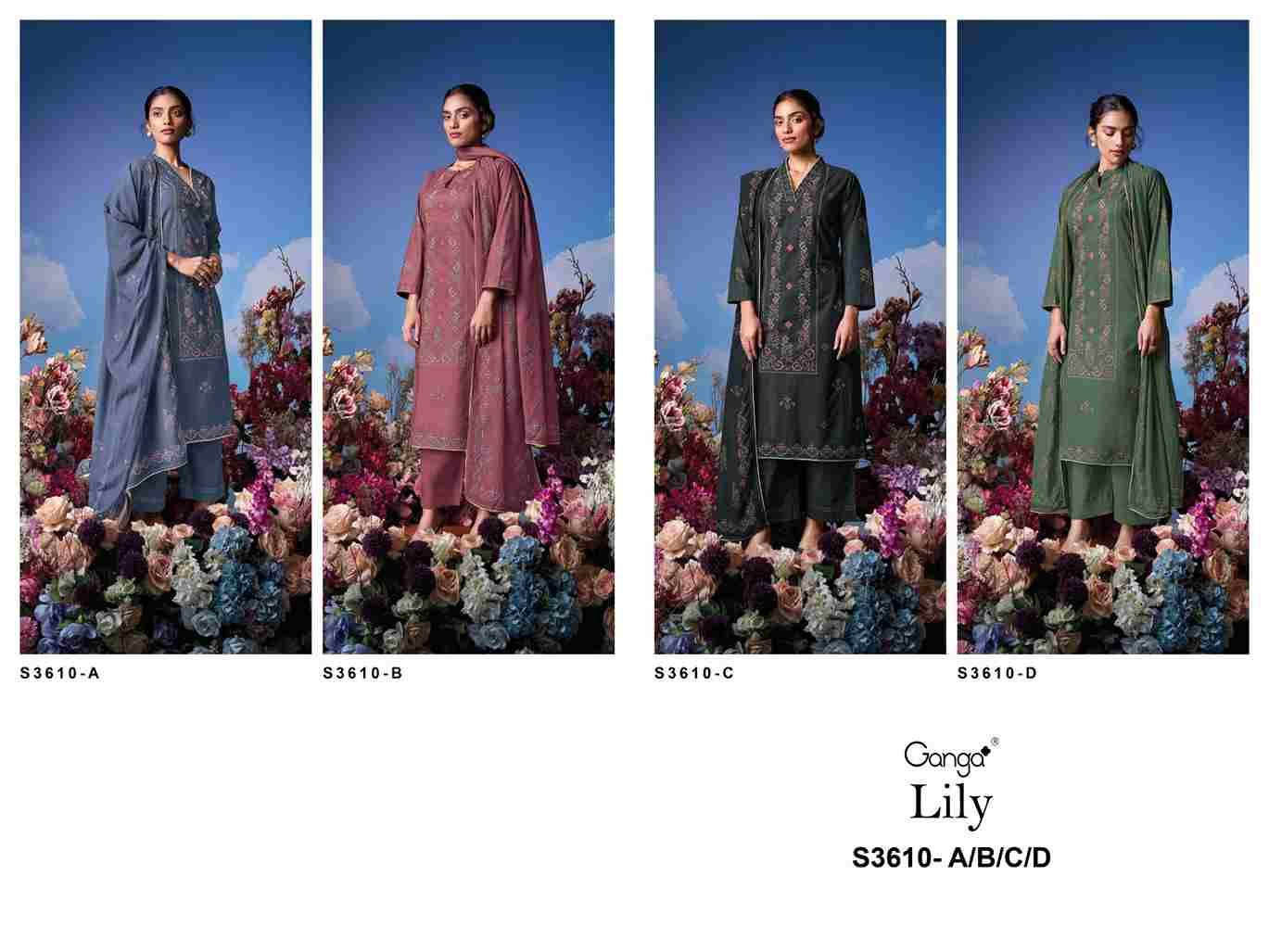 Lily-3610 By Ganga Fashion 3610-A To 3610-D Series Beautiful Festive Suits Colorful Stylish Fancy Casual Wear & Ethnic Wear Pure Cotton Dresses At Wholesale Price
