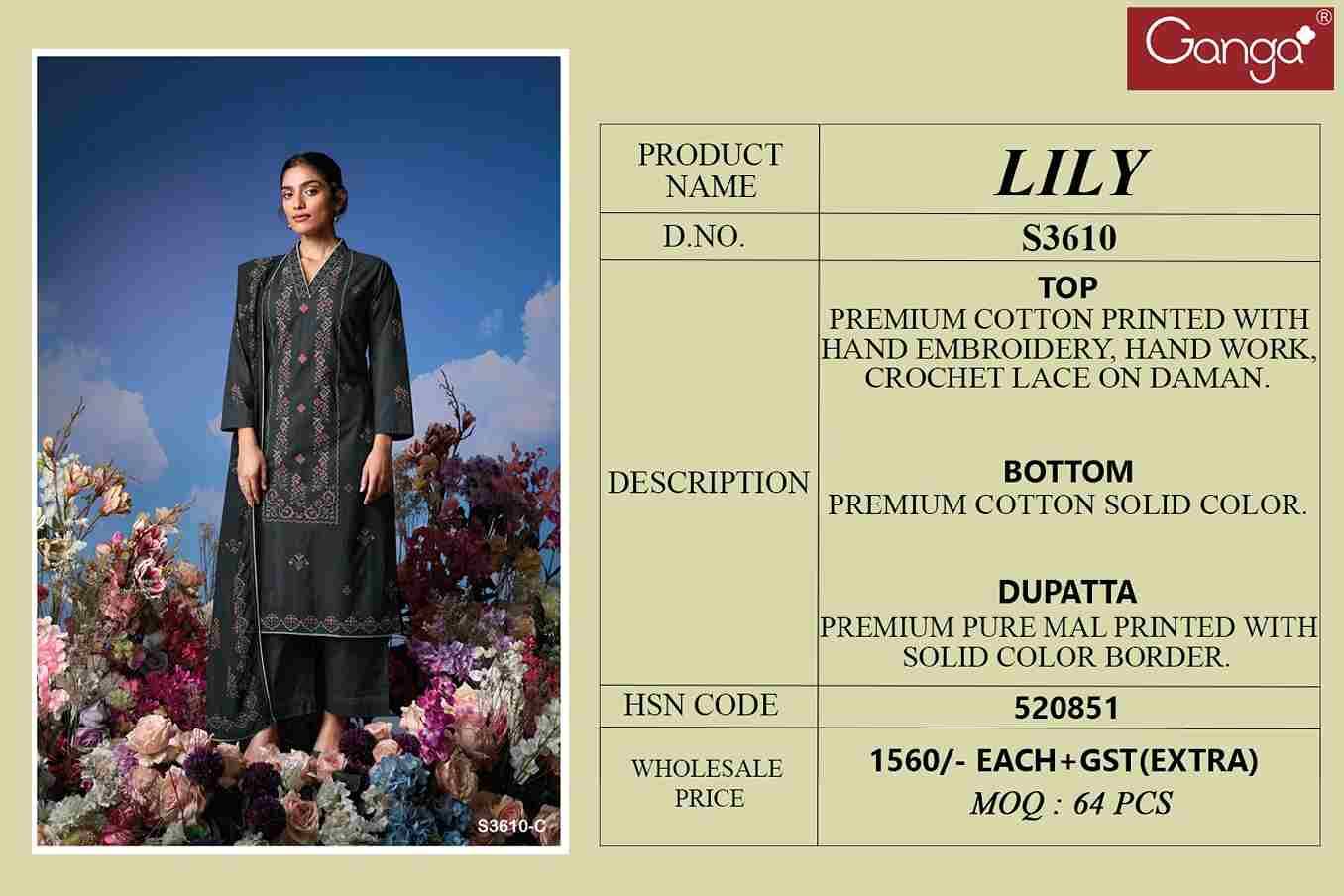 Lily-3610 By Ganga Fashion 3610-A To 3610-D Series Beautiful Festive Suits Colorful Stylish Fancy Casual Wear & Ethnic Wear Pure Cotton Dresses At Wholesale Price