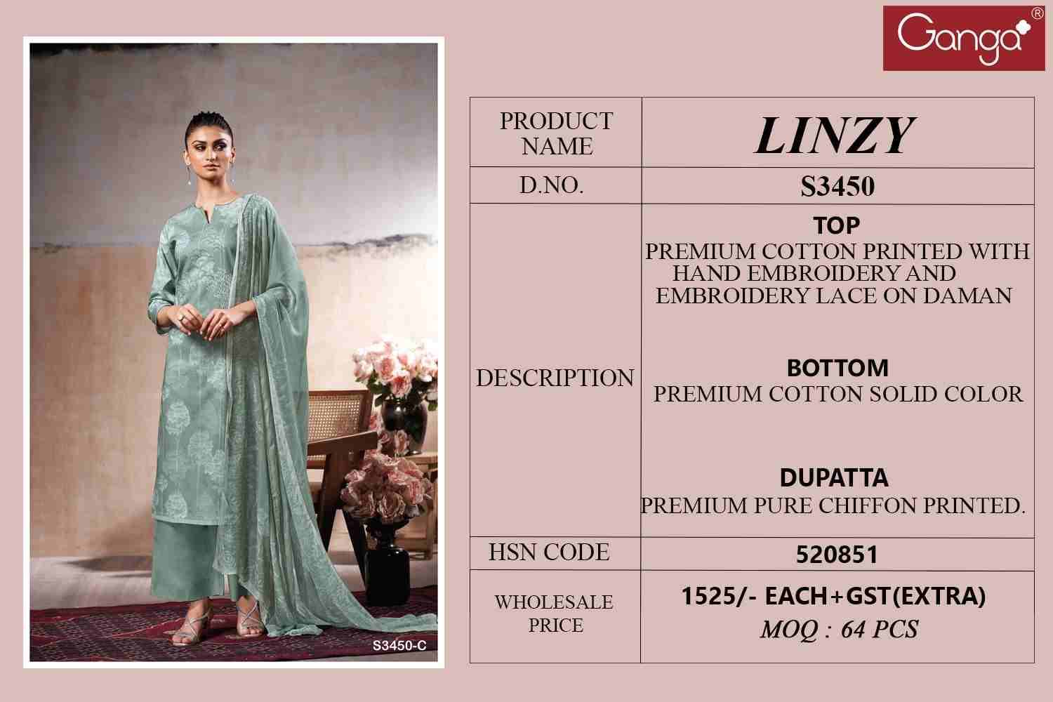 Linzy-3450 By Ganga Fashion 3450-A To 3450-D Series Beautiful Festive Suits Colorful Stylish Fancy Casual Wear & Ethnic Wear Pure Cotton Dresses At Wholesale Price