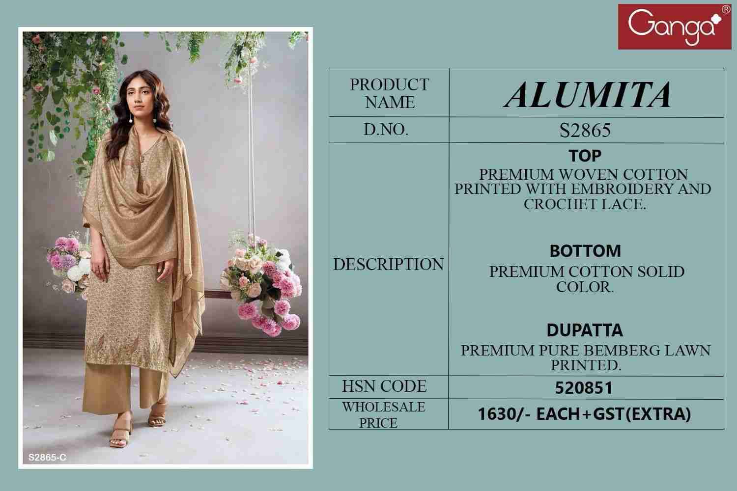 Alumita-2865 By Ganga Fashion 2865-A To 2865-D Series Beautiful Festive Suits Colorful Stylish Fancy Casual Wear & Ethnic Wear Pure Cotton Dresses At Wholesale Price