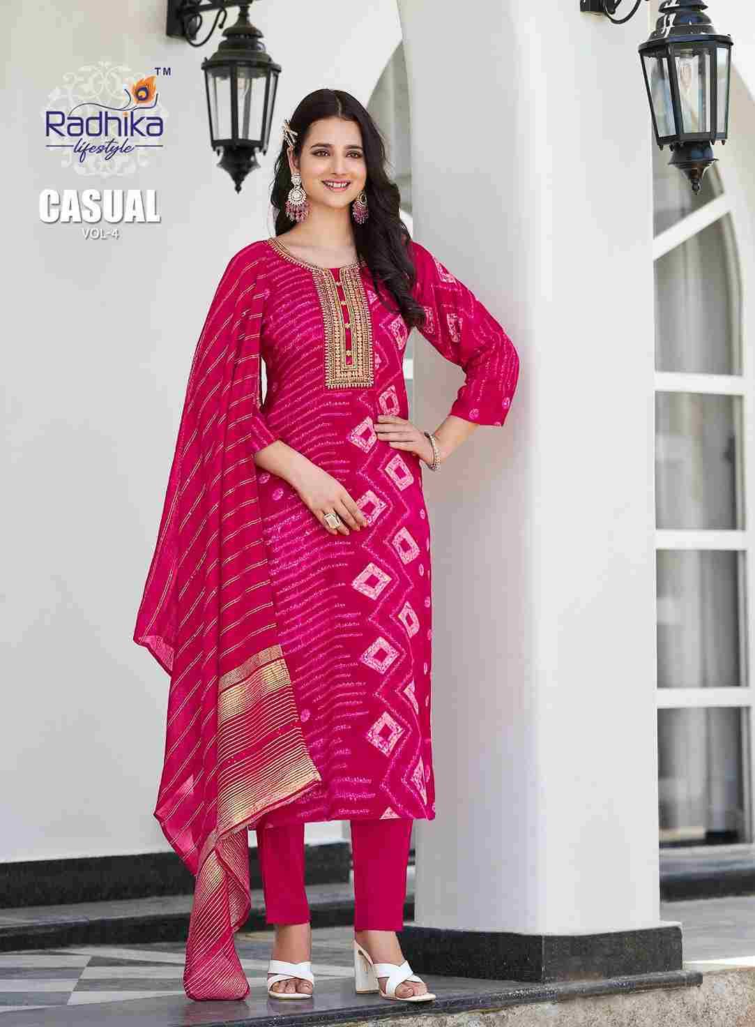 Casual Vol-4 By Radhika Lifestyle 4001 To 4007 Series Designer Stylish Fancy Colorful Beautiful Party Wear & Ethnic Wear Collection Rayon Print Dresses At Wholesale Price