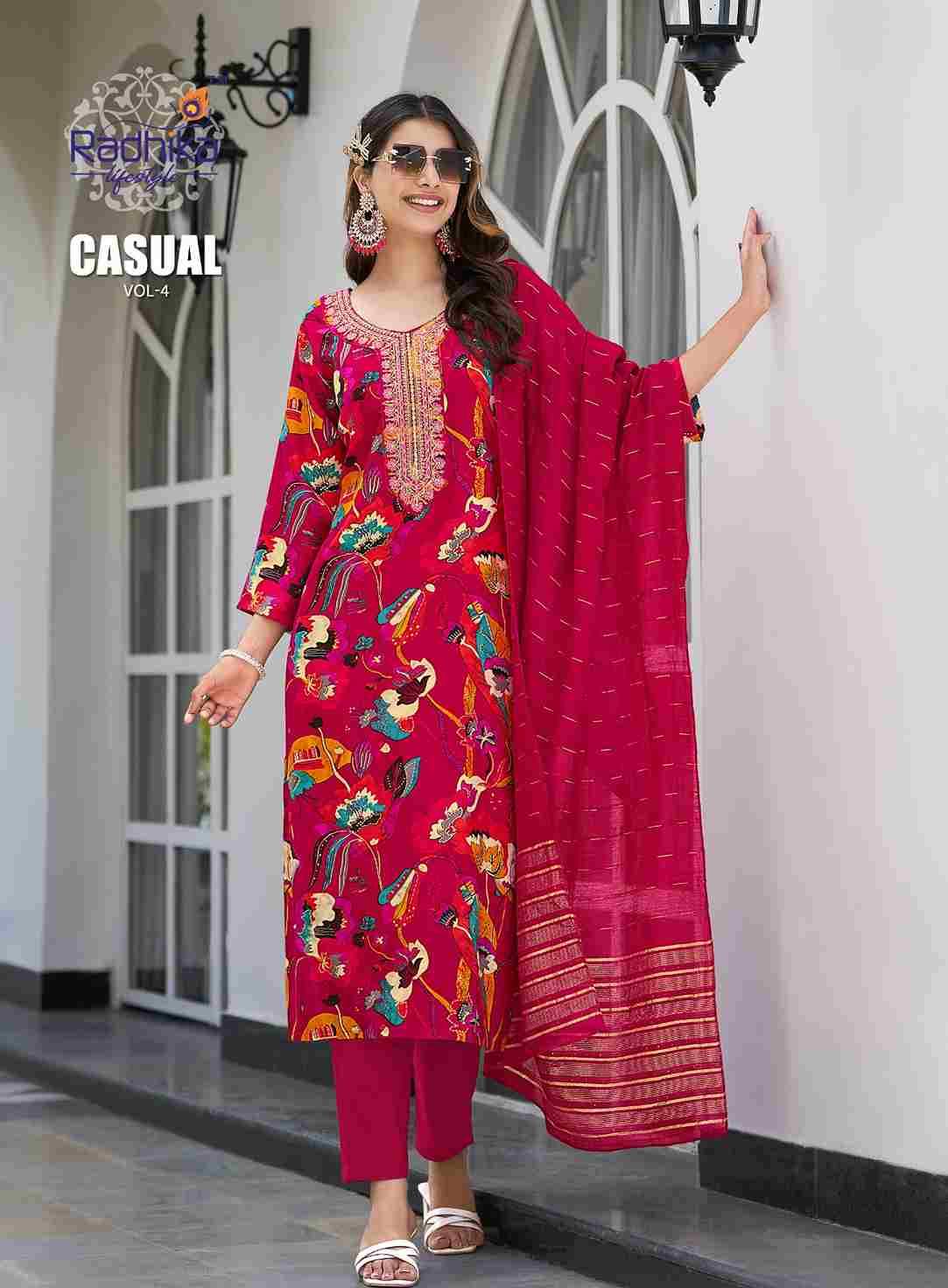 Casual Vol-4 By Radhika Lifestyle 4001 To 4007 Series Designer Stylish Fancy Colorful Beautiful Party Wear & Ethnic Wear Collection Rayon Print Dresses At Wholesale Price