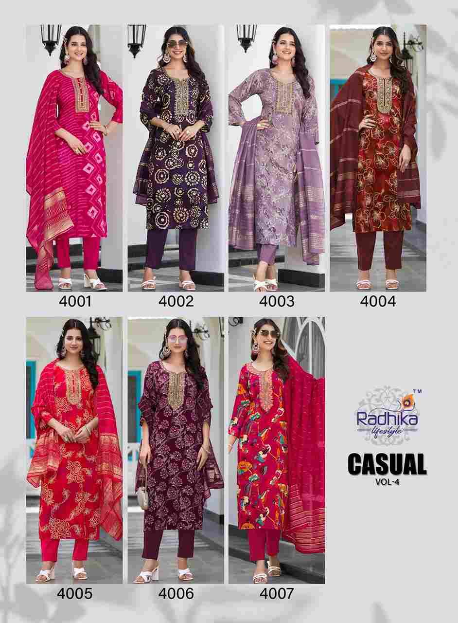 Casual Vol-4 By Radhika Lifestyle 4001 To 4007 Series Designer Stylish Fancy Colorful Beautiful Party Wear & Ethnic Wear Collection Rayon Print Dresses At Wholesale Price