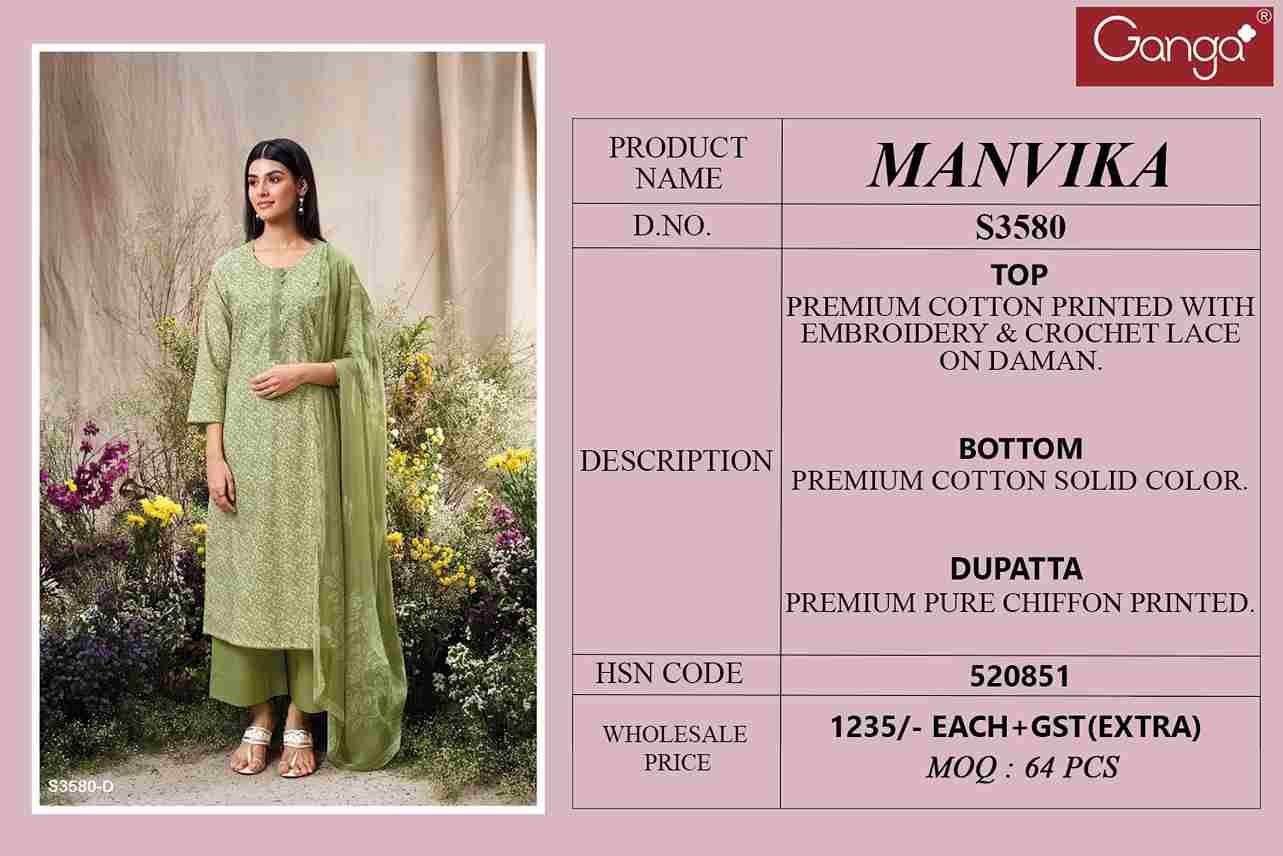 Manvika-3580 By Ganga Fashion 3580-A To 3580-D Series Beautiful Festive Suits Colorful Stylish Fancy Casual Wear & Ethnic Wear Pure Cotton Dresses At Wholesale Price