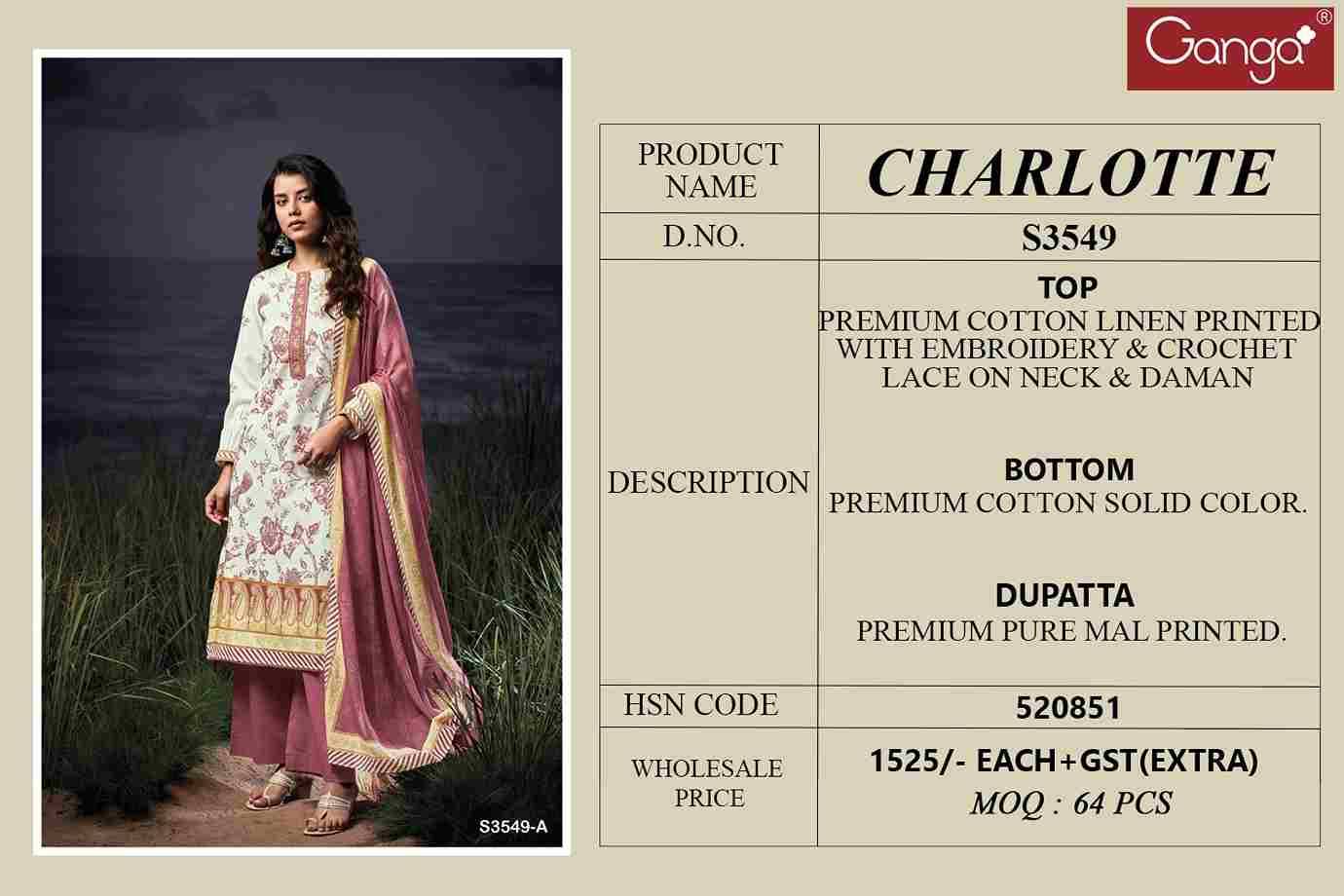 Charlotte-3549 By Ganga Fashion 3549-A To 3549-D Series Beautiful Festive Suits Colorful Stylish Fancy Casual Wear & Ethnic Wear Pure Linen Cotton Dresses At Wholesale Price