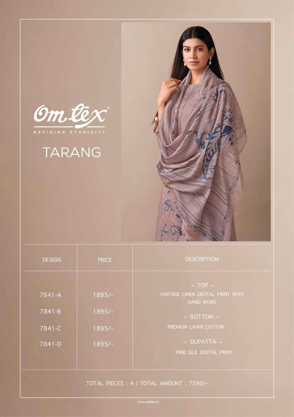 Tarang By Om Tex 7841-A To 7841-D Series Beautiful Suits Stylish Fancy Colorful Party Wear & Ethnic Wear Linen Dresses At Wholesale Price