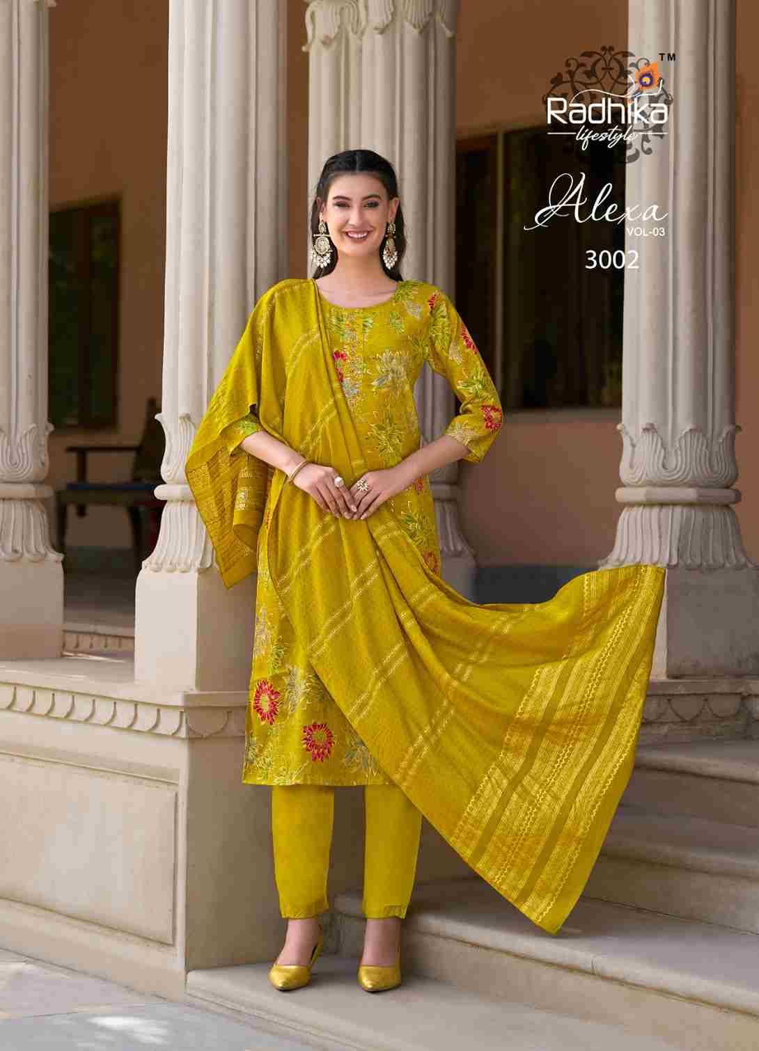 Alexa Vol-3 By Radhika Lifestyle 3001 To 3006 Series Designer Stylish Fancy Colorful Beautiful Party Wear & Ethnic Wear Collection Vertican Silk Dresses At Wholesale Price