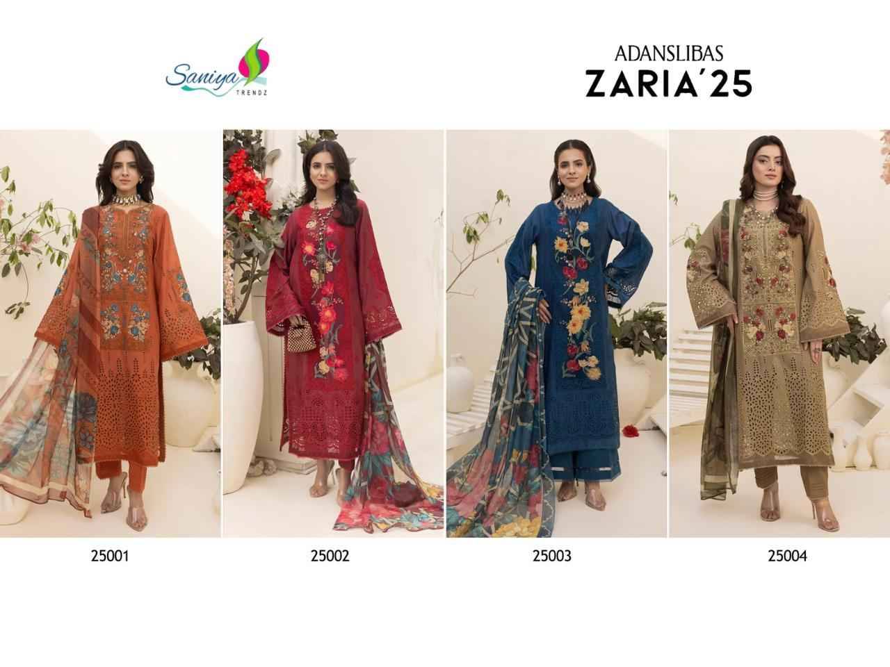 Adanslibas Zaria-25 By Saniya Trendz 25001 To 25004 Series Beautiful Pakistani Suits Colorful Stylish Fancy Casual Wear & Ethnic Wear Cotton Embroidered Dresses At Wholesale Price