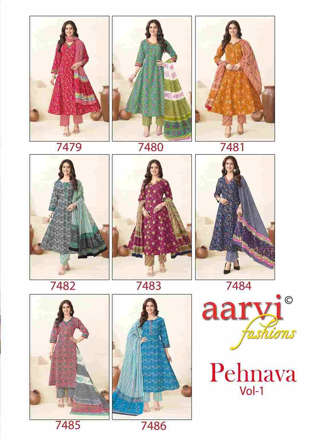 Pehnava Vol-1 By Aarvi Fashion 7479 To 7486 Series Beautiful Stylish Suits Fancy Colorful Casual Wear & Ethnic Wear & Ready To Wear Pure Cotton Printed Dresses At Wholesale Price