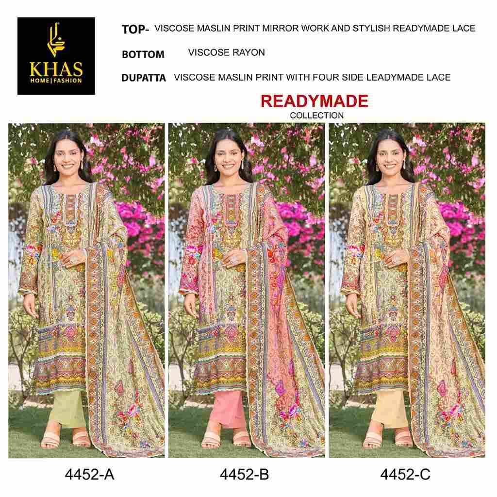 Khas 4452 Colours By Khas 4452-A To 4452-C Series Beautiful Pakistani Suits Colorful Stylish Fancy Casual Wear & Ethnic Wear Viscose Muslin Embroidered Dresses At Wholesale Price