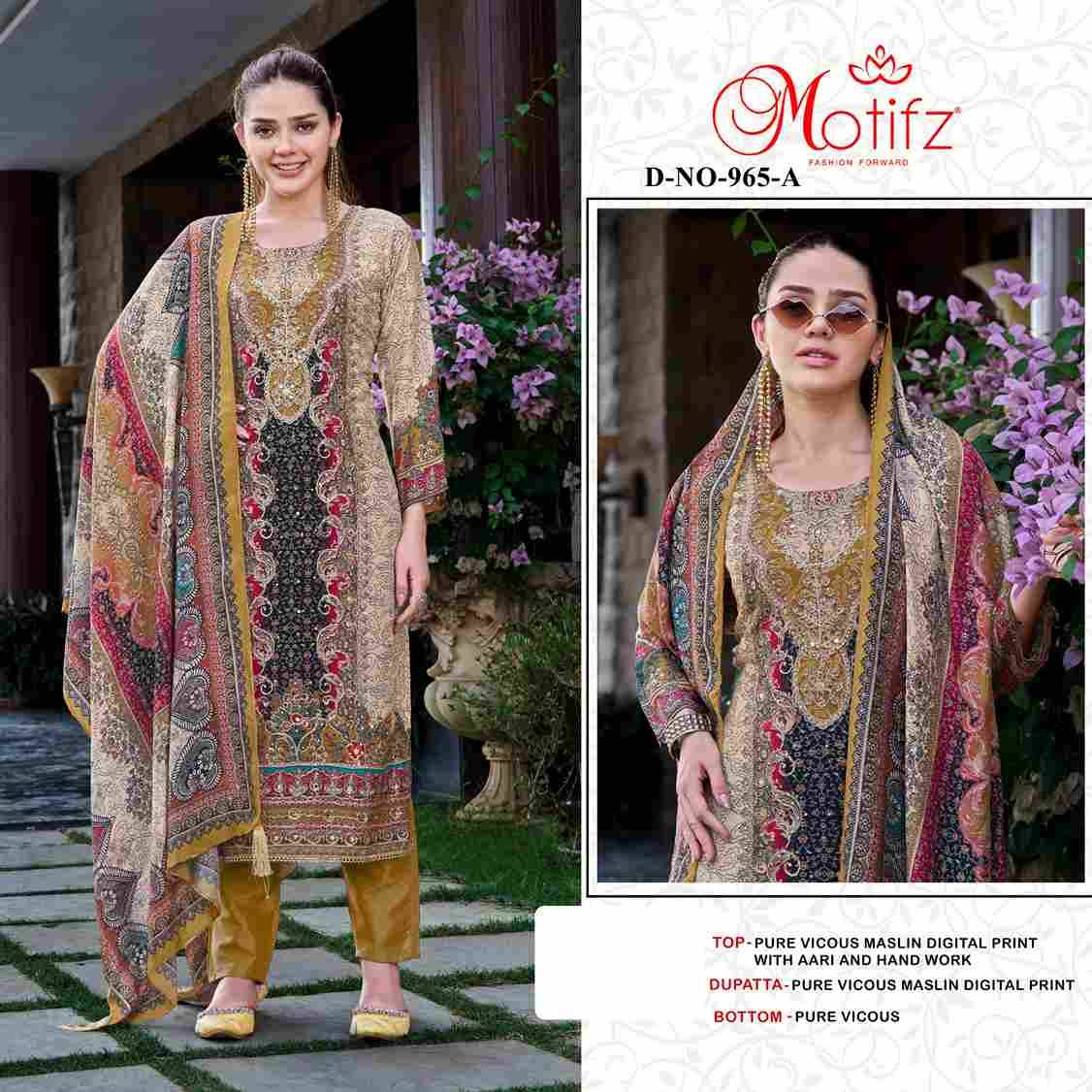 Motifz Hit Design 965 Colours By Motifz 965-A To 965-D Series Beautiful Pakistani Suits Colorful Stylish Fancy Casual Wear & Ethnic Wear Viscose Muslin Dresses At Wholesale Price