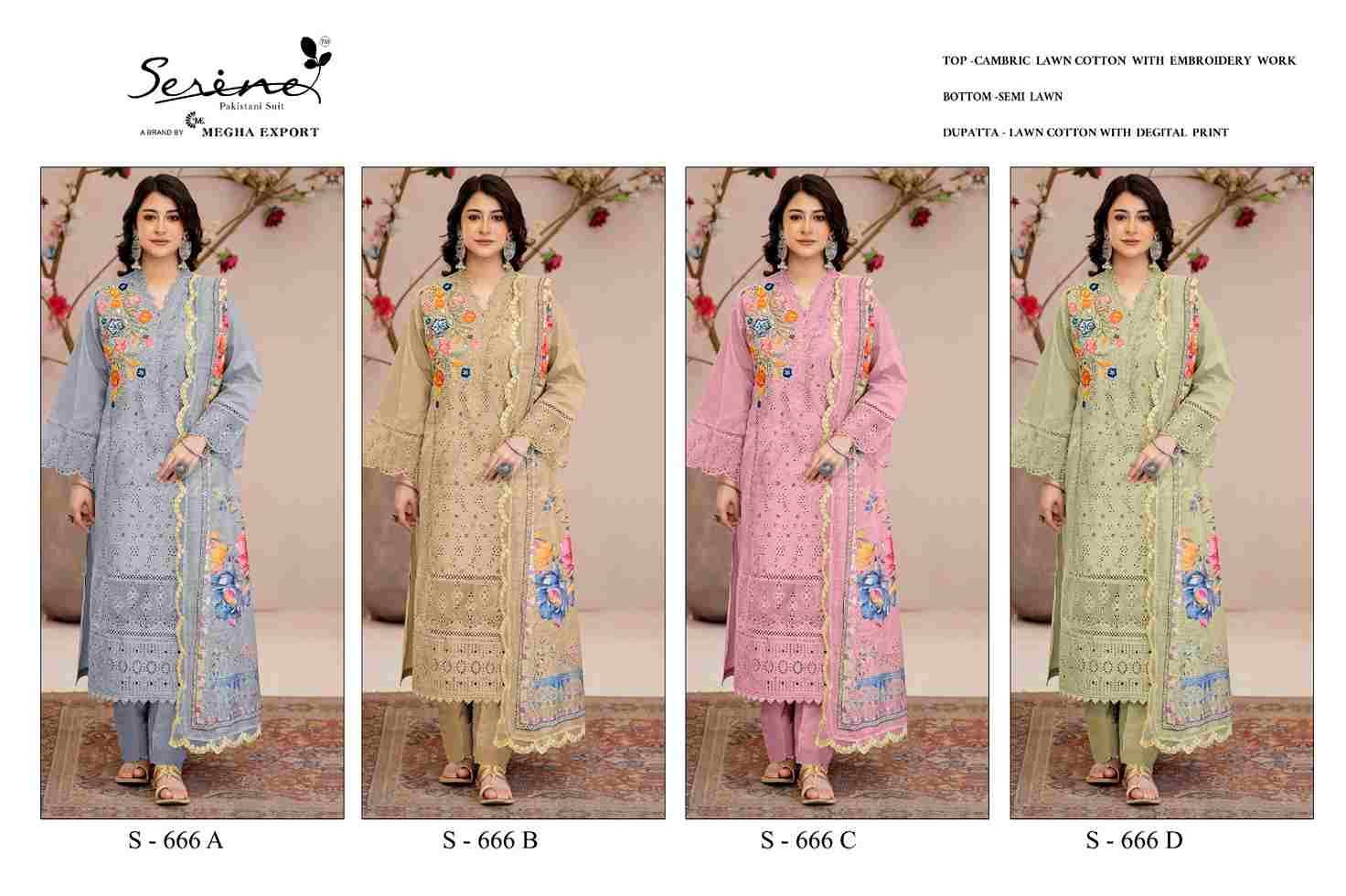 Serene Hit Design S-666 Colours By Serene S-666-A To S-666-D Series Designer Pakistani Suits Beautiful Fancy Colorful Stylish Party Wear & Occasional Wear Cambric Lawn Cotton Embroidered Dresses At Wholesale Price