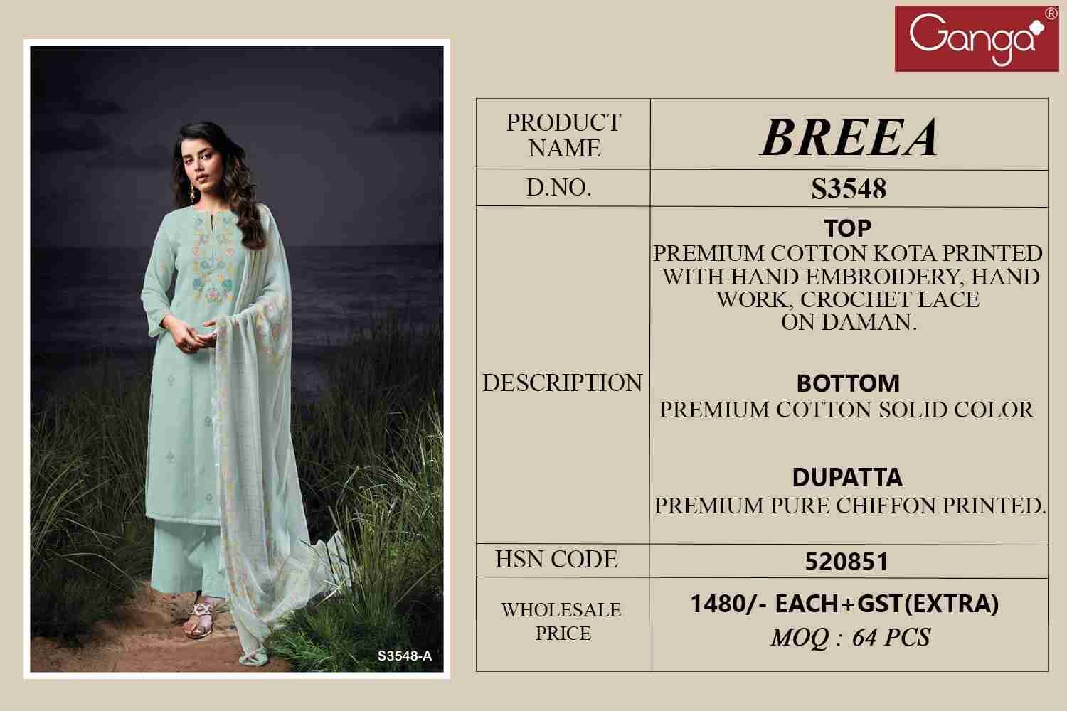 Breea-3548 By Ganga Fashion 3548-A To 3548-D Series Beautiful Festive Suits Colorful Stylish Fancy Casual Wear & Ethnic Wear Pure Cotton Dresses At Wholesale Price