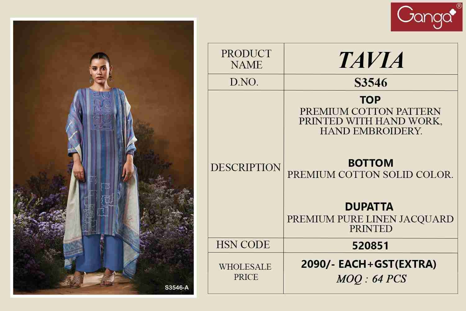Tavia-3546 By Ganga Fashion 3546-A To 3546-D Series Beautiful Festive Suits Colorful Stylish Fancy Casual Wear & Ethnic Wear Pure Cotton Dresses At Wholesale Price