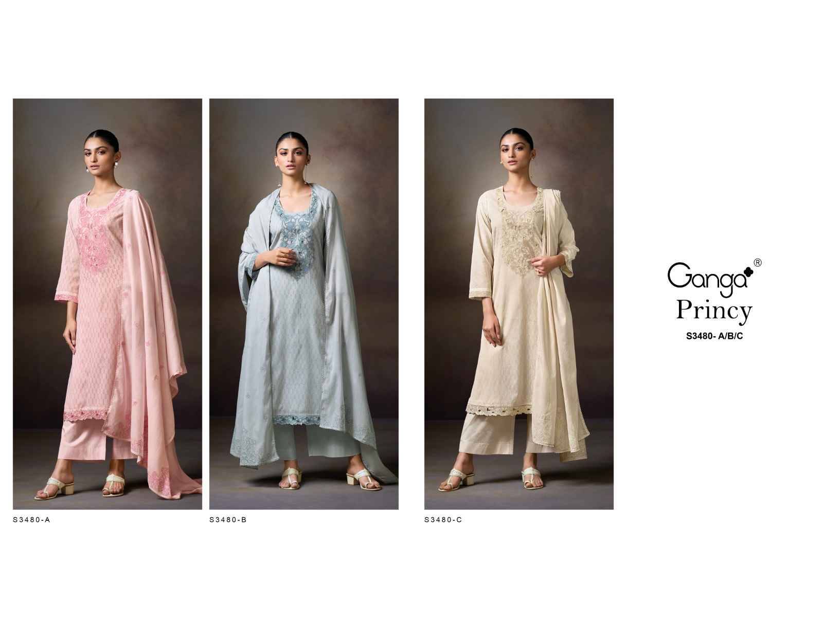 Princy-3480 By Ganga Fashion 3480-A To 3480-C Series Beautiful Festive Suits Colorful Stylish Fancy Casual Wear & Ethnic Wear Pure Mal Dresses At Wholesale Price
