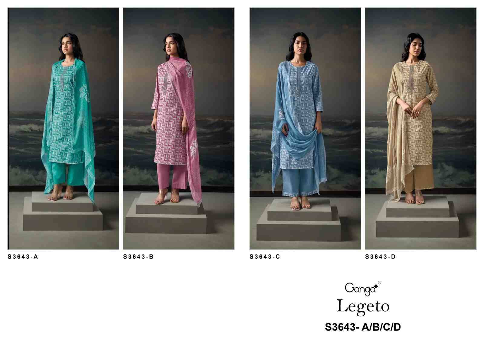 Legeto-3643 By Ganga Fashion 3643-A To 3643-D Series Beautiful Festive Suits Colorful Stylish Fancy Casual Wear & Ethnic Wear Pure Cotton Dresses At Wholesale Price