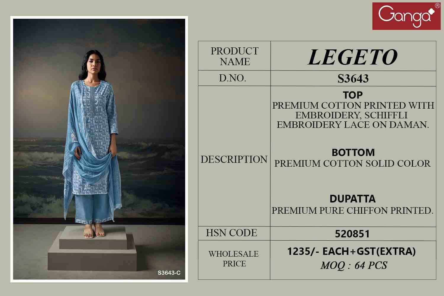 Legeto-3643 By Ganga Fashion 3643-A To 3643-D Series Beautiful Festive Suits Colorful Stylish Fancy Casual Wear & Ethnic Wear Pure Cotton Dresses At Wholesale Price